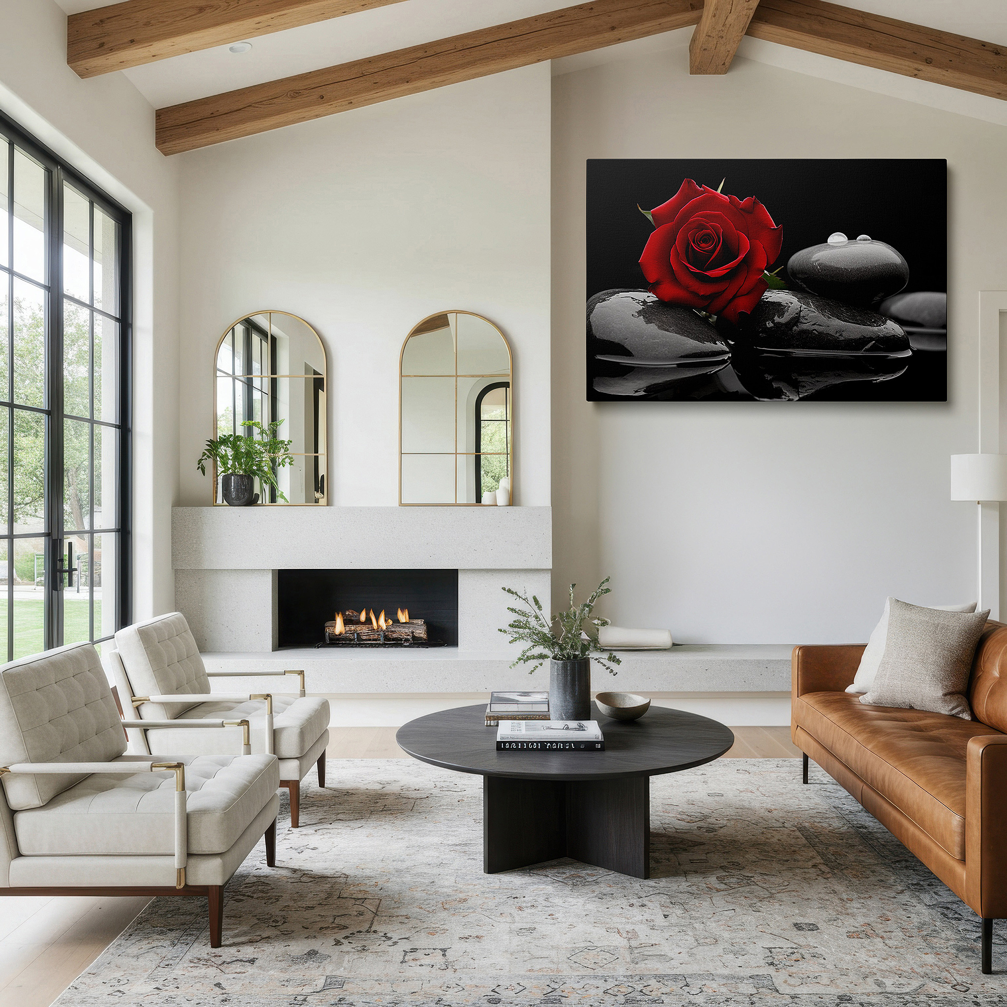 Back view reveals professional finishing and solid wood frame — red rose on black stones wall art: a symphony of contrast and harmony - large canvas art for home and office decor, perfect for living room and bedroom