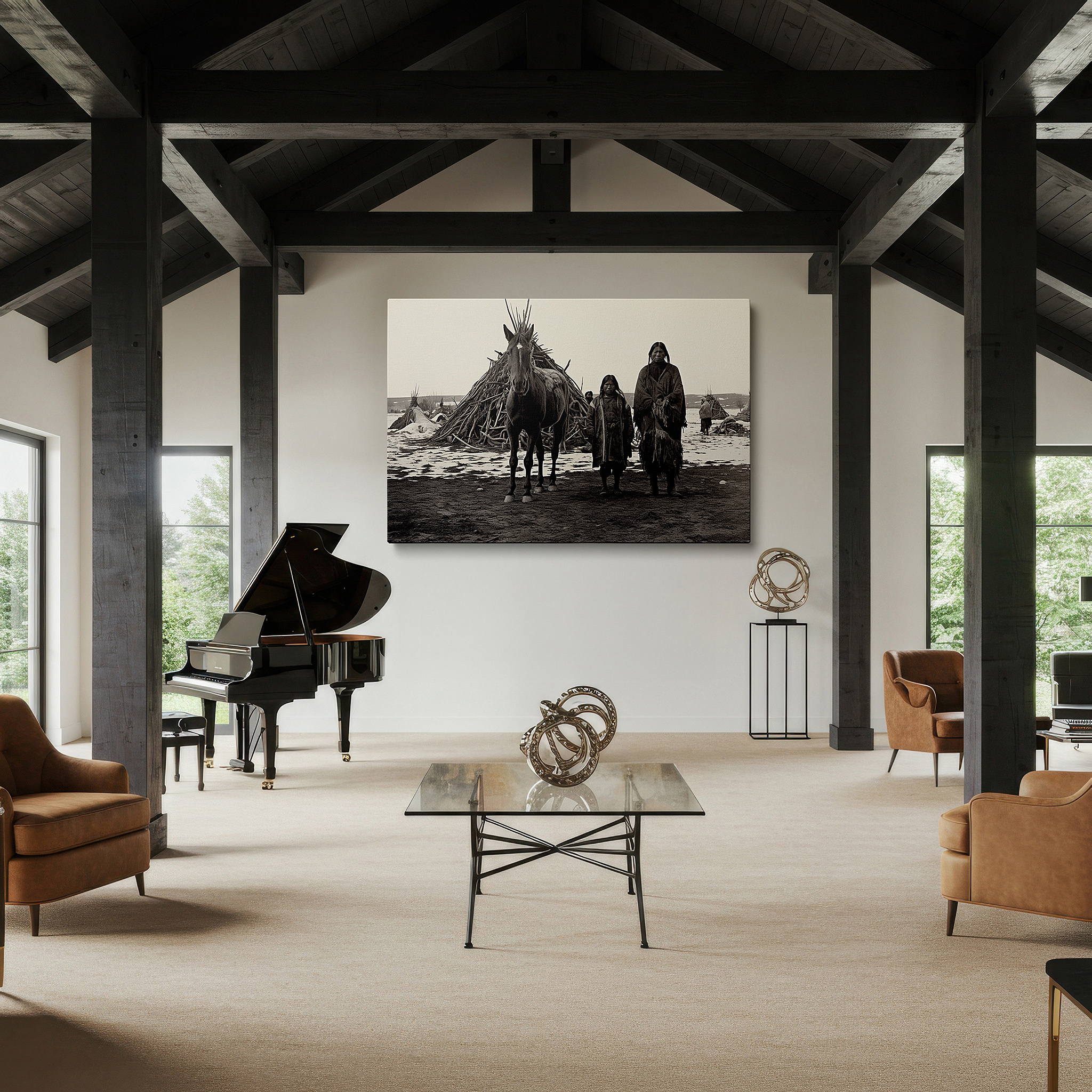 Back view reveals professional finishing and solid wood frame — sepia-toned canvas art featuring horses and wigwams: perfect for office or bedroom wall decor