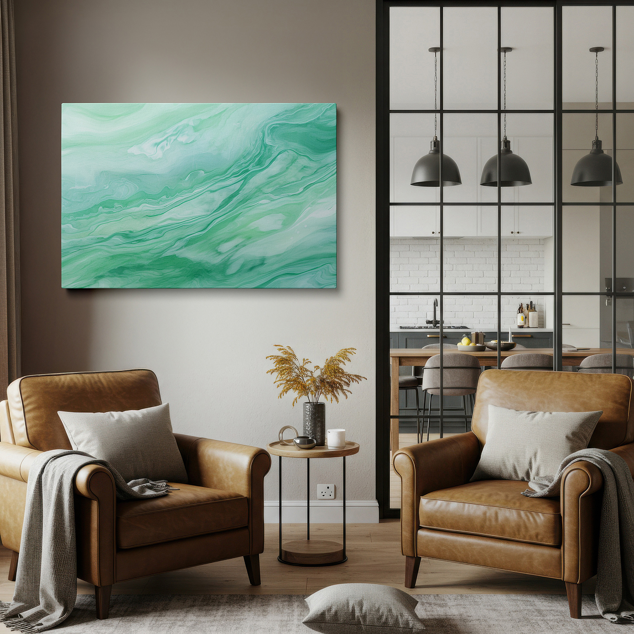 Back view reveals professional finishing and solid wood frame — a serene array of greens: abstract expressionism in large wall art, canvas wall art, wall decor for offices