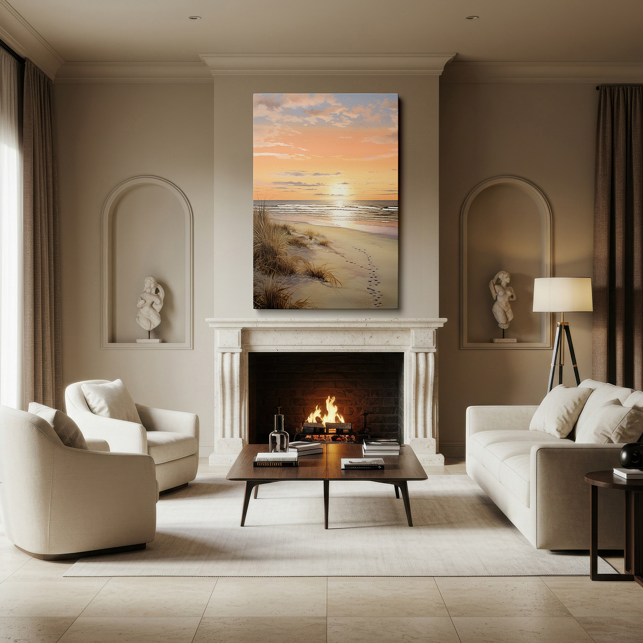 Back view reveals professional finishing and solid wood frame — serene beach at sunset wall art: a tranquil haven for reflection and calm - large canvas wall art for office and bedroom decor