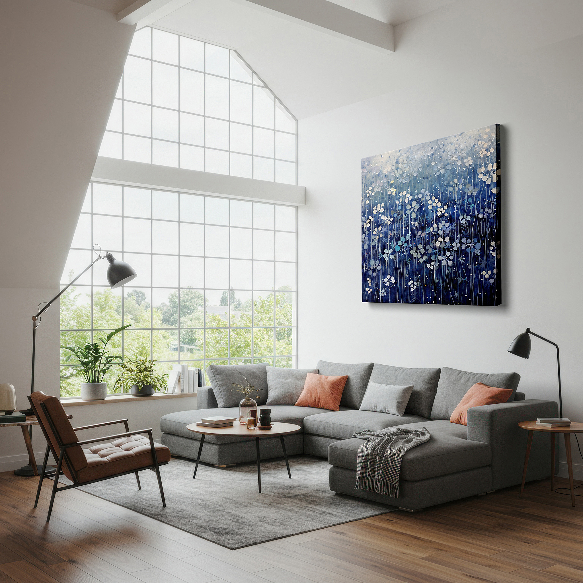 Back view reveals professional finishing and solid wood frame — serene blue and white floral wall art for tranquil spaces - large canvas decor for office, bedroom, and living room
