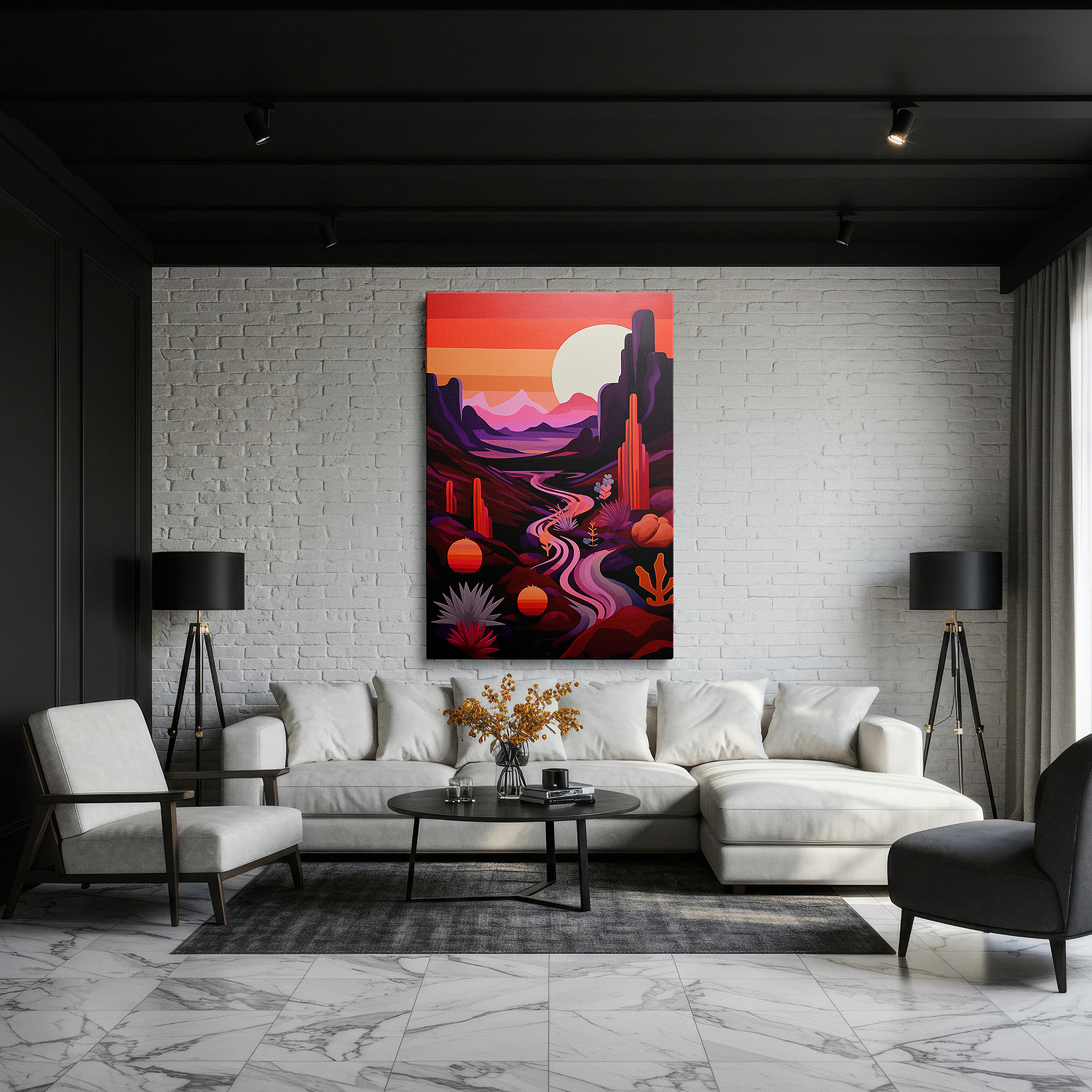 Back view reveals professional finishing and solid wood frame — serene desert oasis canvas wall art featuring a winding river and majestic mountains, perfect for office or bedroom decor