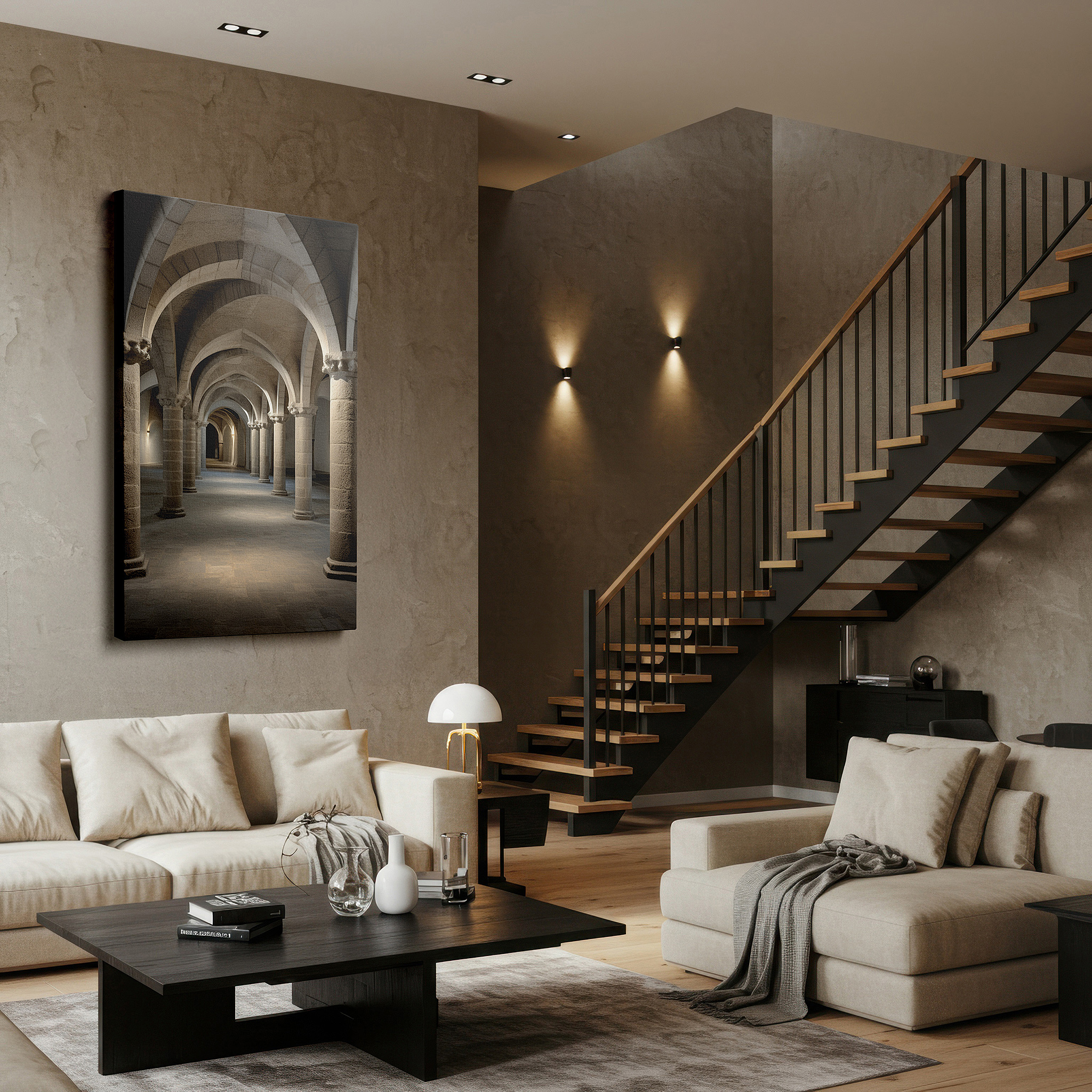 Back view reveals professional finishing and solid wood frame — serene journey through majestic stone arches: a sanctuary of light and shadow - large canvas wall art for office and bedroom decor