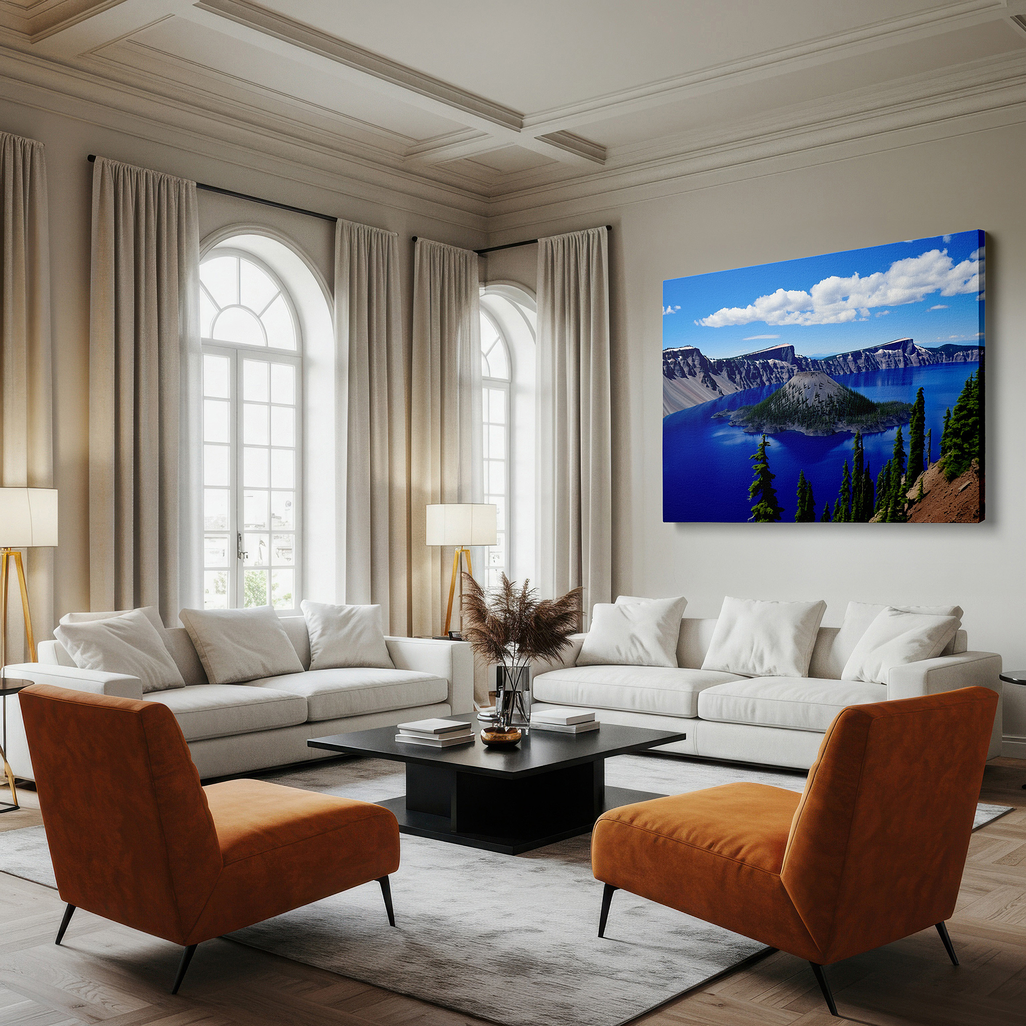 Back view reveals professional finishing and solid wood frame — serene lake and grand cliffs beneath a golden sky: oversized wall art, canvas art, decorative wall art for offices, bedrooms, and living rooms