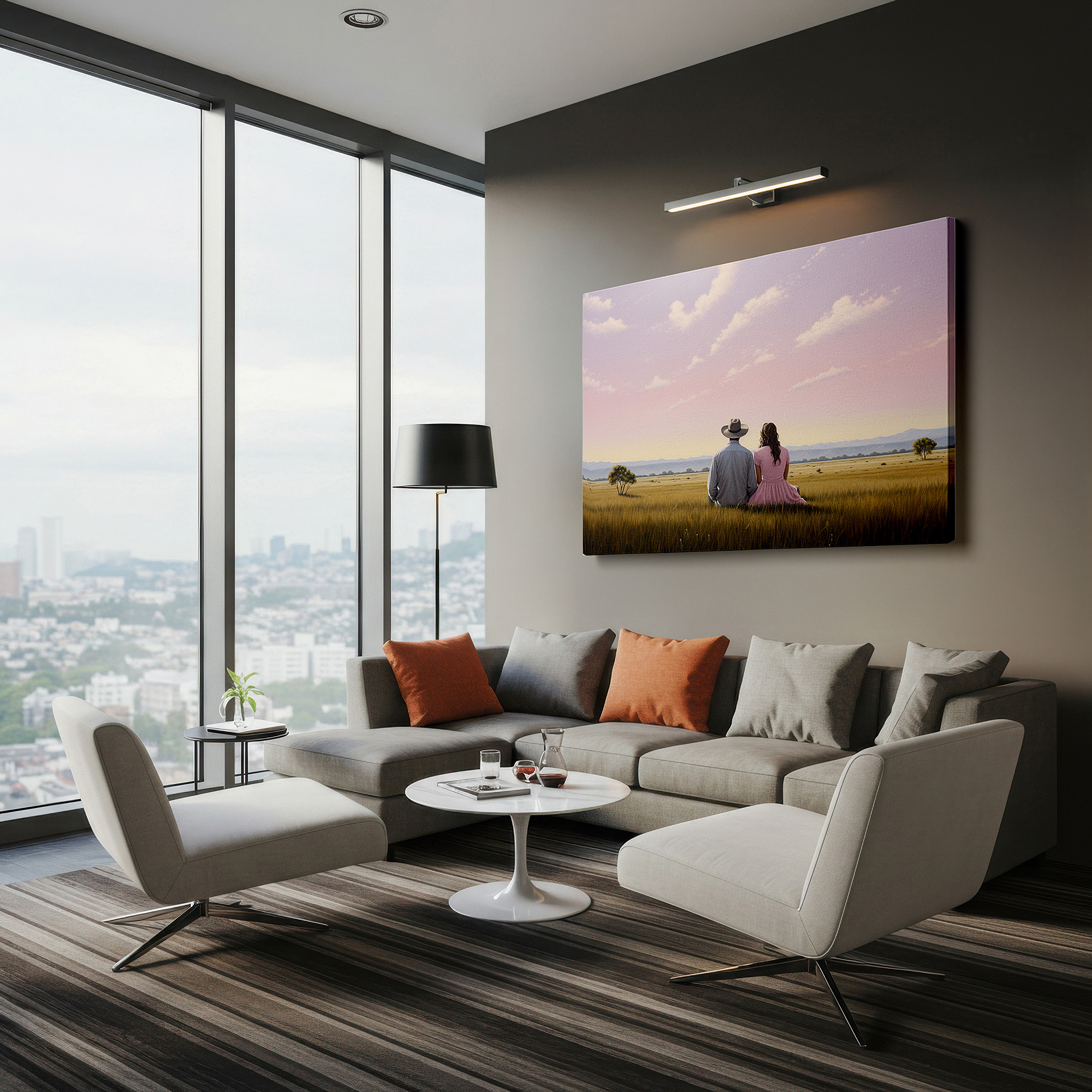 Back view reveals professional finishing and solid wood frame — serene sunset embrace in a peaceful field, couple's connection amidst natural beauty large wall art, canvas wall art, wall art