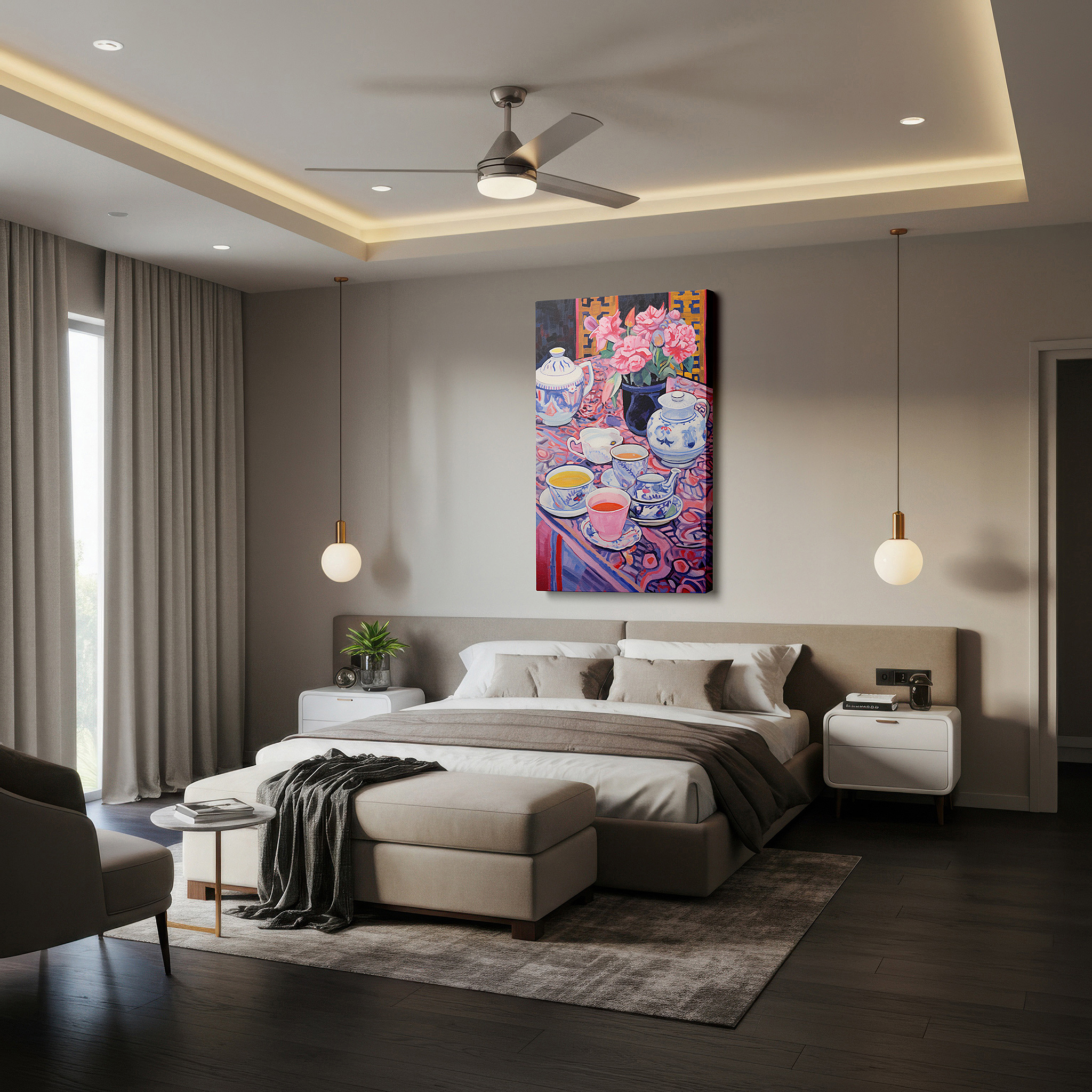 Back view reveals professional finishing and solid wood frame — serene tea time canvas wall art featuring vibrant flowers and luxurious textiles for office and bedroom decor