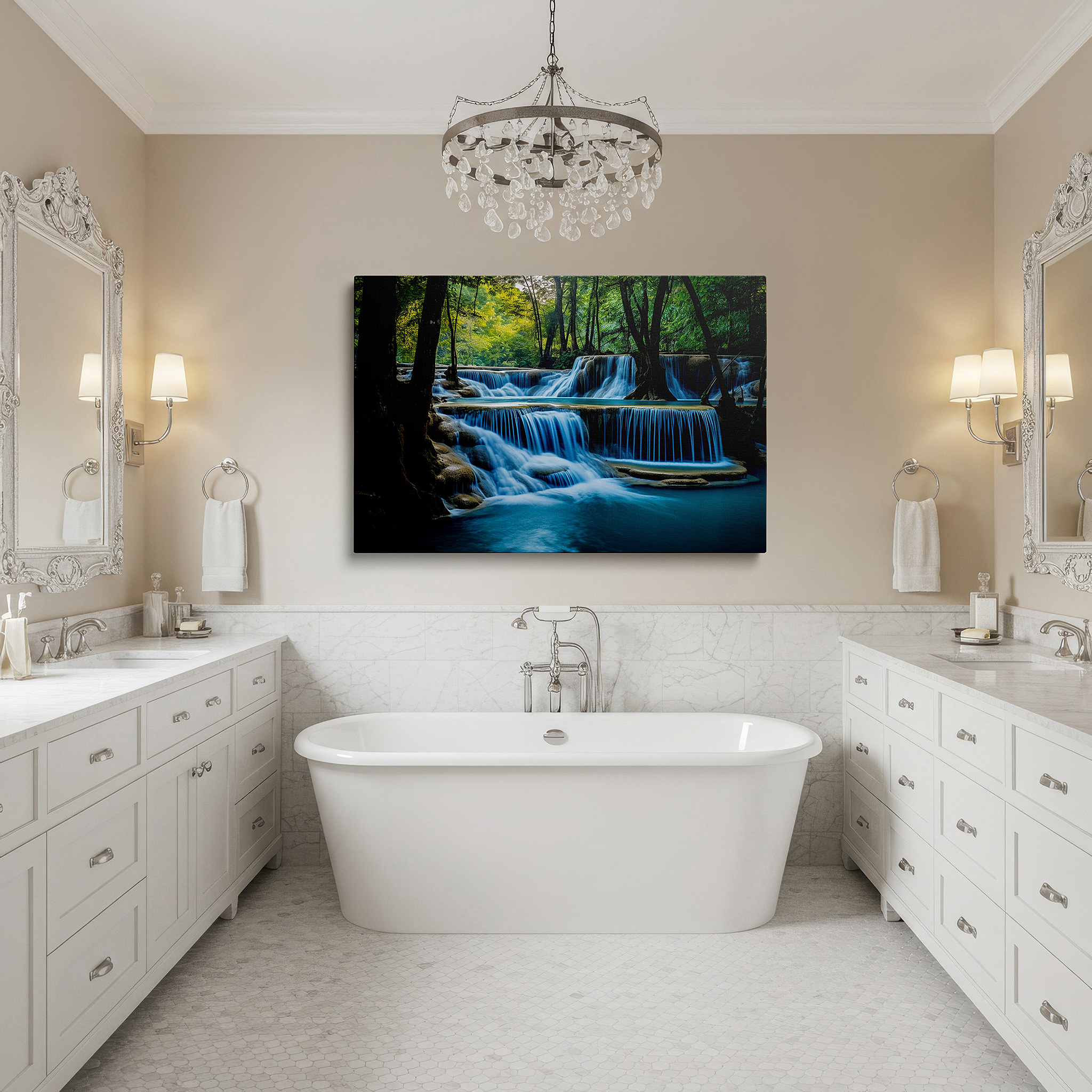 Back view reveals professional finishing and solid wood frame — serene waterfall oasis large canvas wall art amidst lush forest majesty for office, bedroom, and living room decor