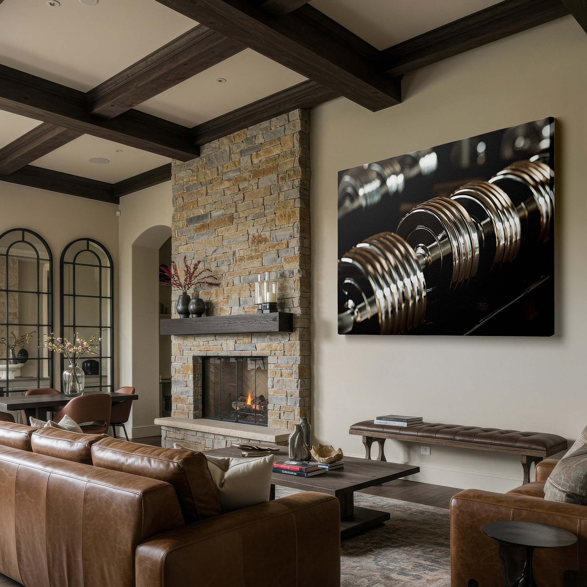 Back view reveals professional finishing and solid wood frame — shiny dumbbells showcased - emblematic of discipline and advancement in fitness, large wall art, canvas wall art, wall decor for office and bedroom