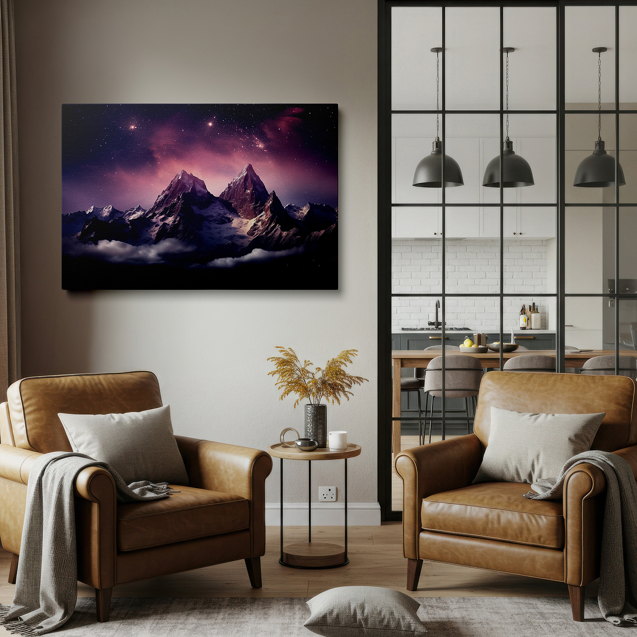 Back view reveals professional finishing and solid wood frame — stunning mountains under a starry sky: spectacular nature scene large wall art, canvas wall art, wall decor for office