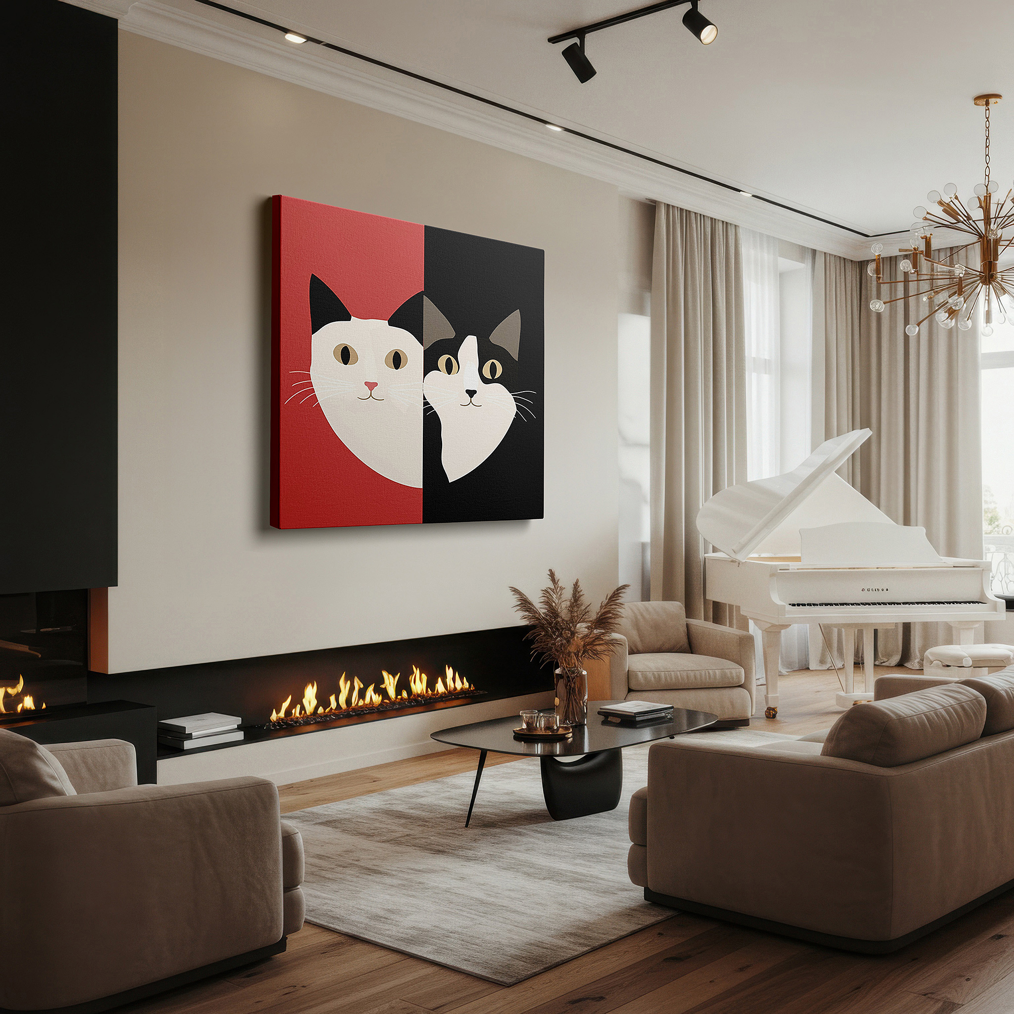 Back view reveals professional finishing and solid wood frame — stylized cat faces in harmonious duality: vibrant and subdued tones, large wall art, canvas wall art, wall decor for office and bedroom