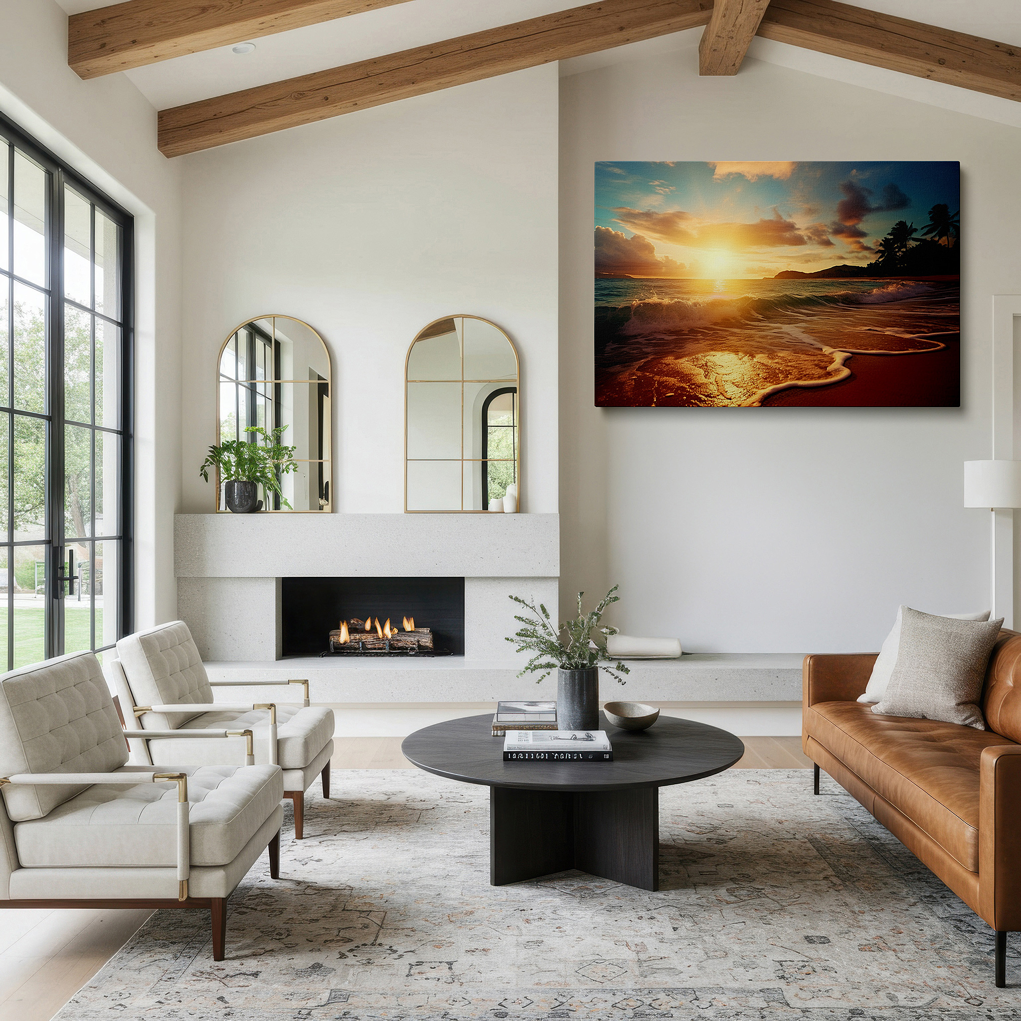 Back view reveals professional finishing and solid wood frame — sunrise serenity on a sandy beach - warm hues and gentle waves large wall art, canvas wall art, wall decor for office and bedroom