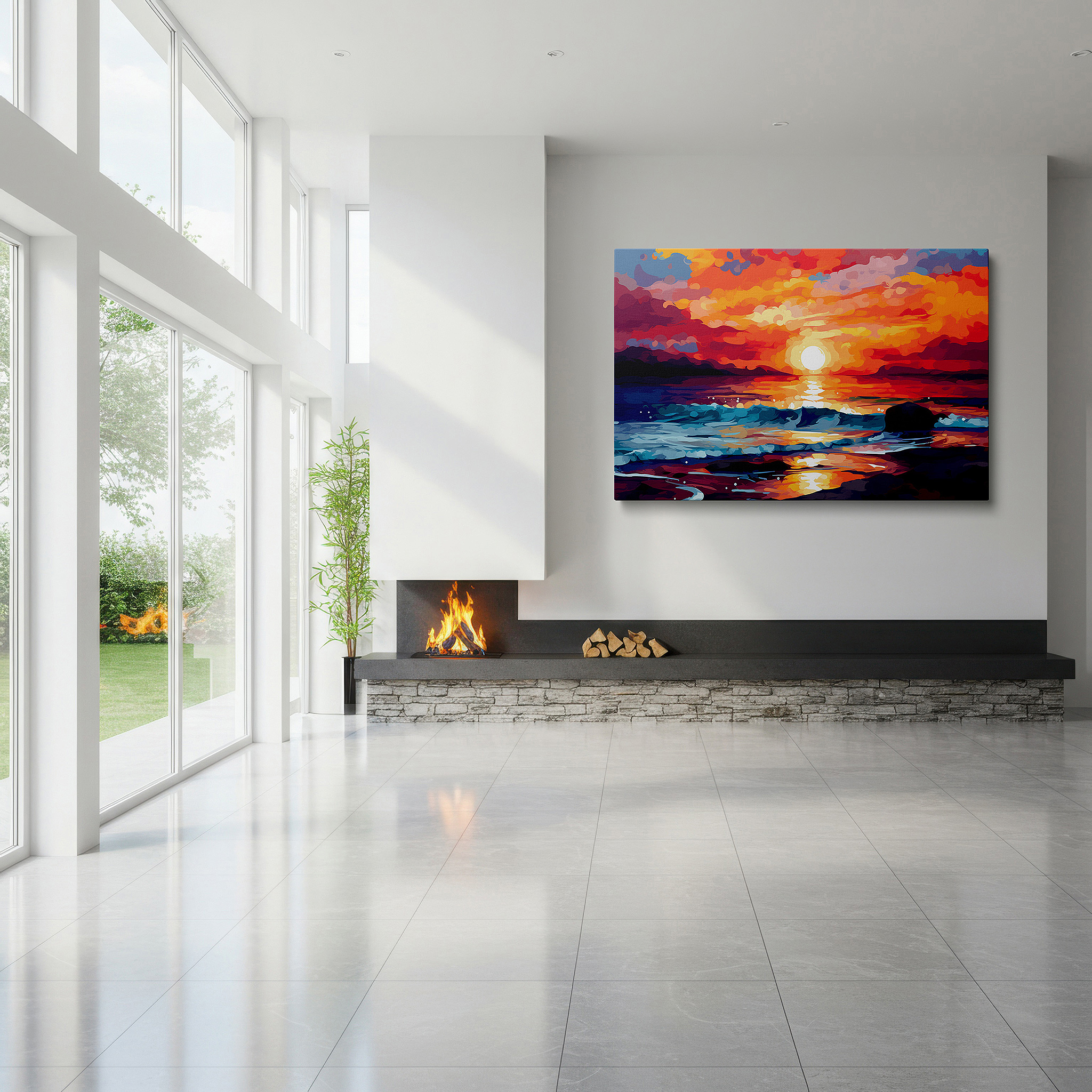 Back view reveals professional finishing and solid wood frame — sunset over the ocean: a symphony of fiery hues and tranquil waves - large canvas wall art for office and bedroom decor