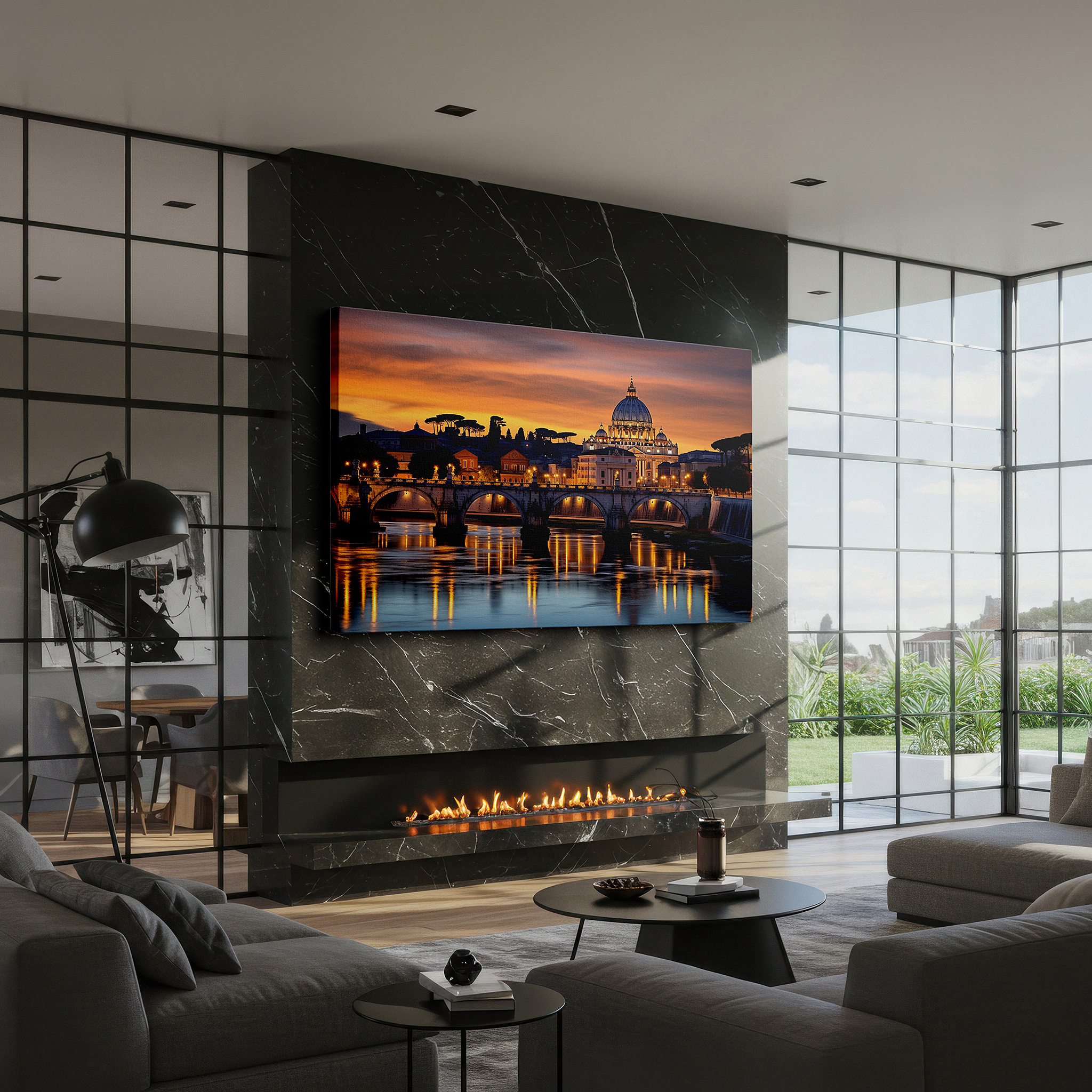 Back view reveals professional finishing and solid wood frame — sunset over st. peter's basilica wall art: a symphony of light and reflection - large canvas art for office and bedroom decor