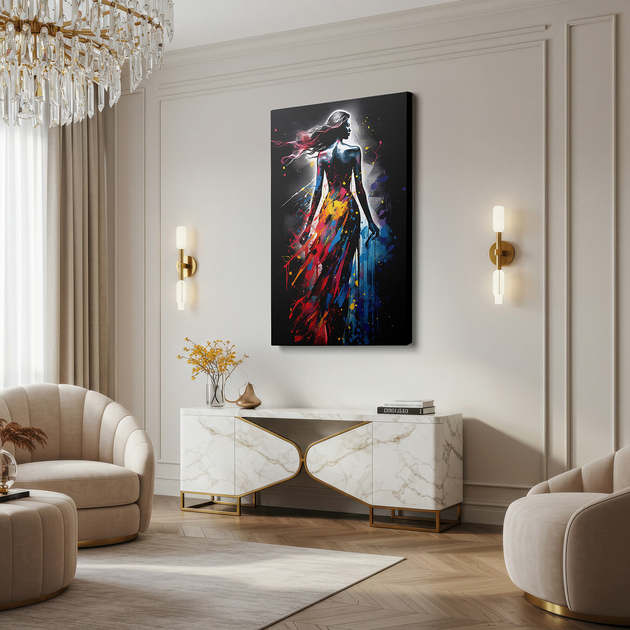 Back view reveals professional finishing and solid wood frame — timeless elegance and femininity: woman's silhouette against vivid color burst - large canvas wall art decor