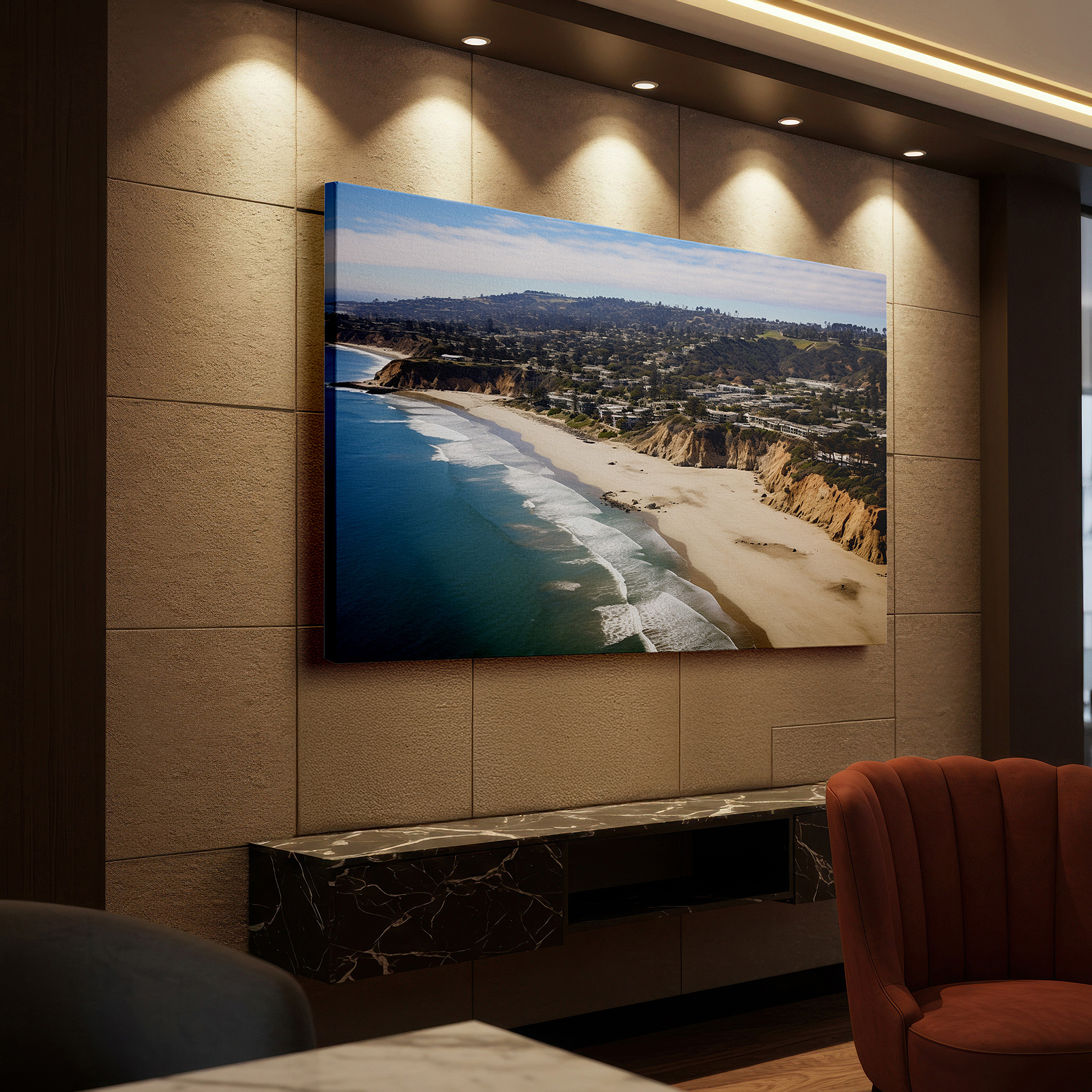 Back view reveals professional finishing and solid wood frame — tranquil coastal paradise wall art featuring lush cliffs and pristine waters - large canvas for home and office decor, perfect for living room and bedroom