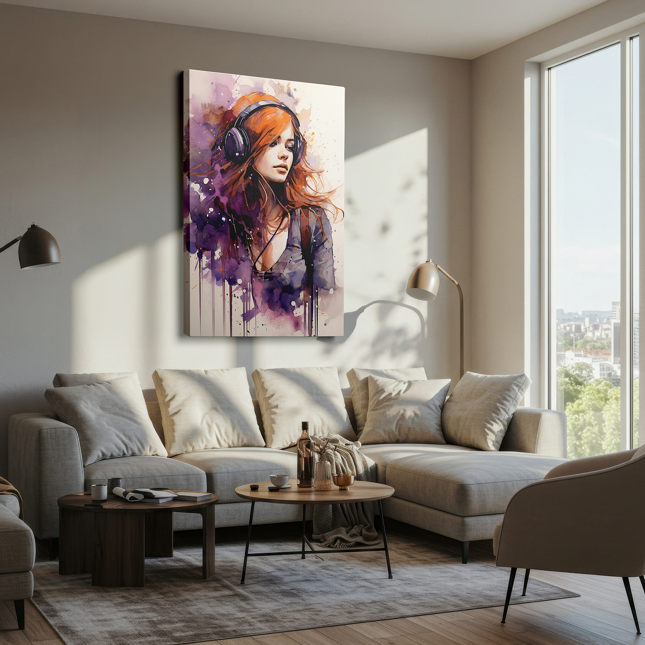 Back view reveals professional finishing and solid wood frame — the tranquil harmony of a red-haired woman engulfed in music large wall art, canvas wall art, wall decor for office and bedroom