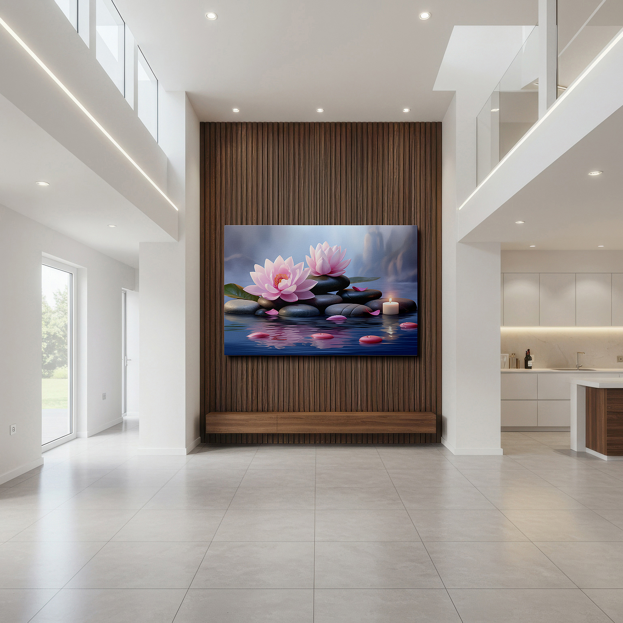 Back view reveals professional finishing and solid wood frame — tranquil lotus blossoms and candles in a serene water garden: large canvas wall art for office, bedroom, and living room decor