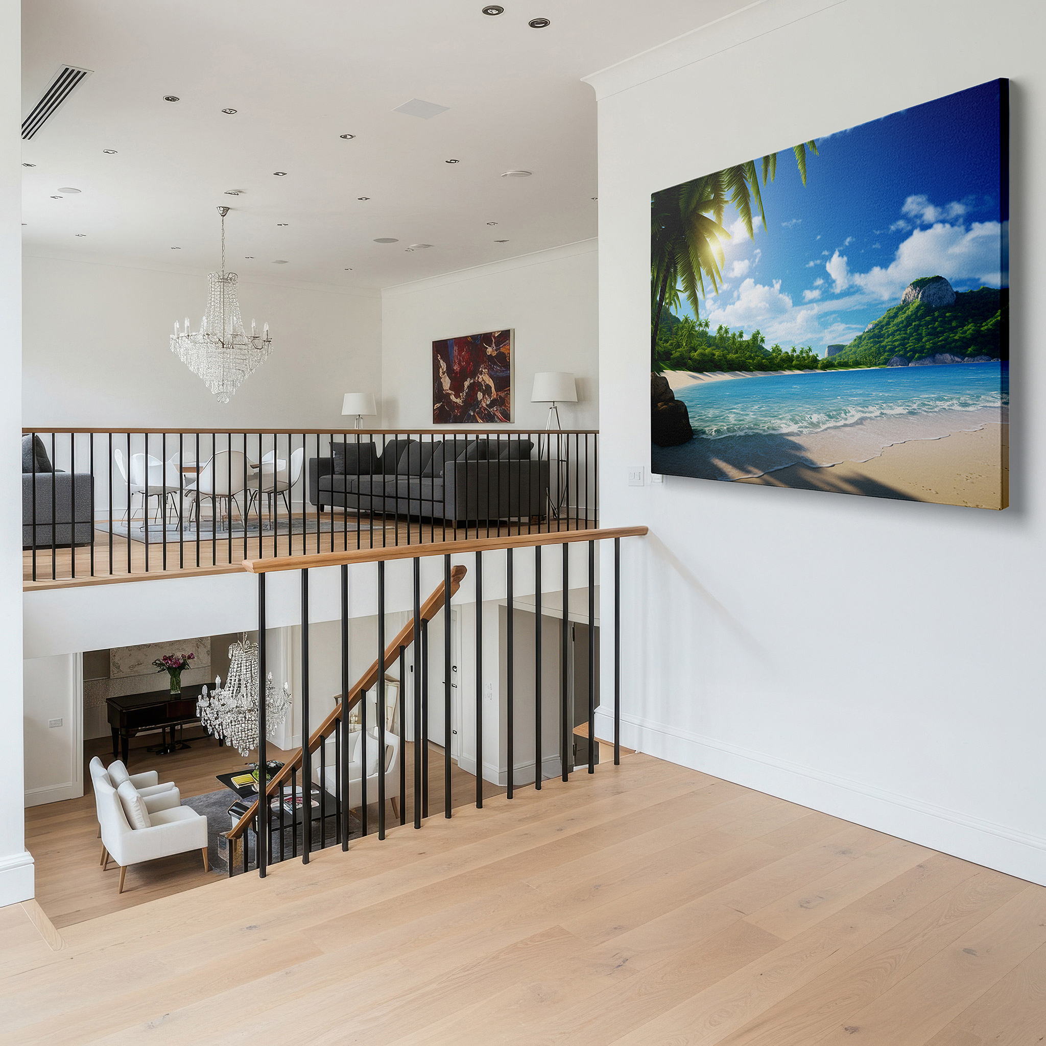 Back view reveals professional finishing and solid wood frame — tropical paradise wall art featuring crystal-clear waters and lush greenery, large canvas for home and office decor