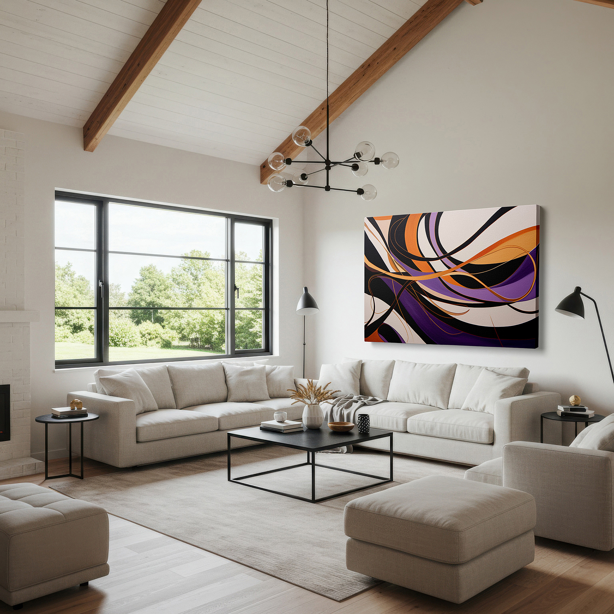 Back view reveals professional finishing and solid wood frame — vibrant symphony of curved lines in orange, purple, and black - large canvas wall art for office, living room, and bedroom decor