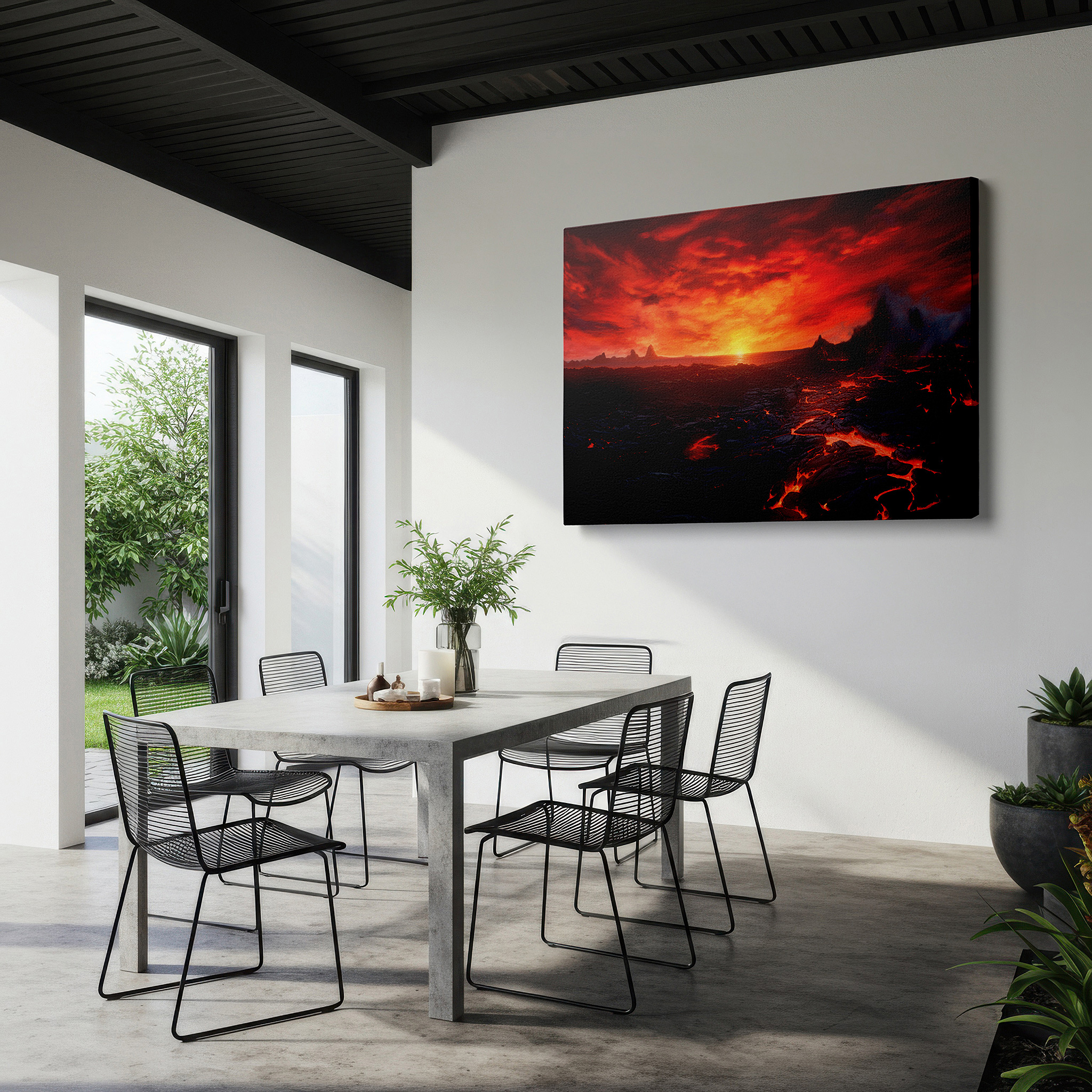 Back view reveals professional finishing and solid wood frame — volcanic splendor at twilight: a captivating dance of light and shadow - oversized wall art, canvas art, wall decor, office decor