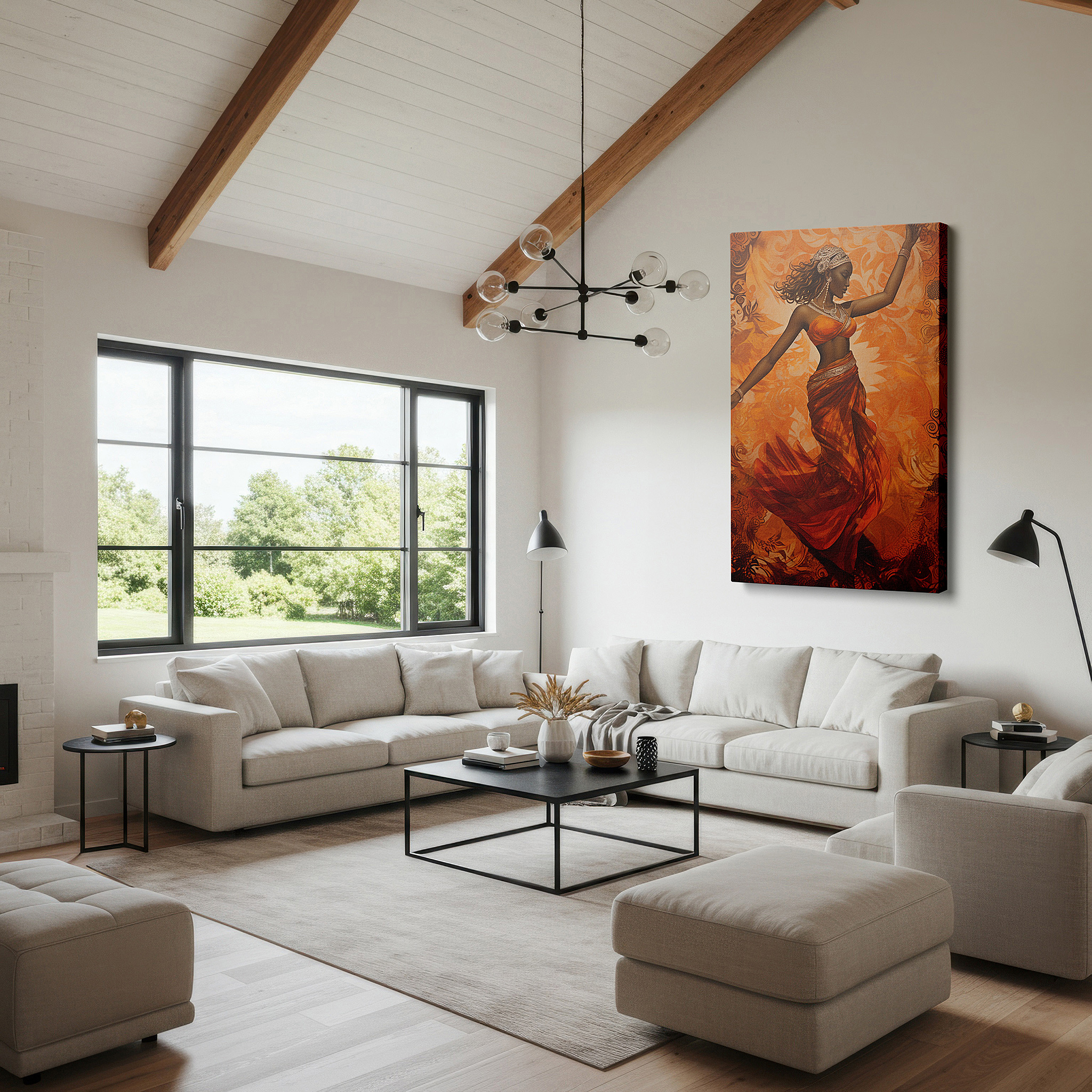 Back view reveals professional finishing and solid wood frame — wall art: celebrating cultural identity with a graceful dance of tradition in vibrant orange - large canvas wall art for office and bedroom decor