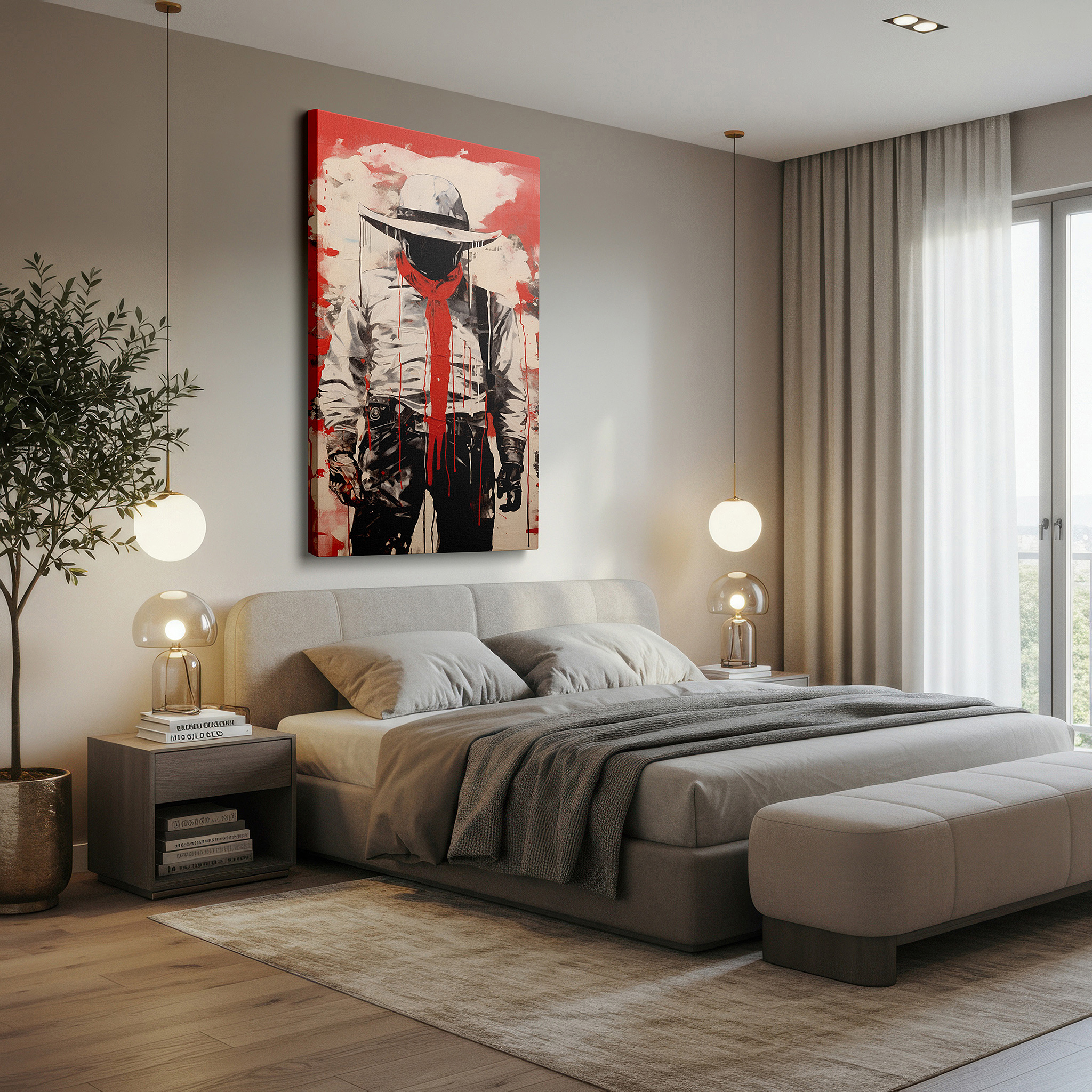Back view reveals professional finishing and solid wood frame — wall art: modern cowboy silhouette in red and black - embrace the wild west mystique with this large canvas wall art for home or office decor.