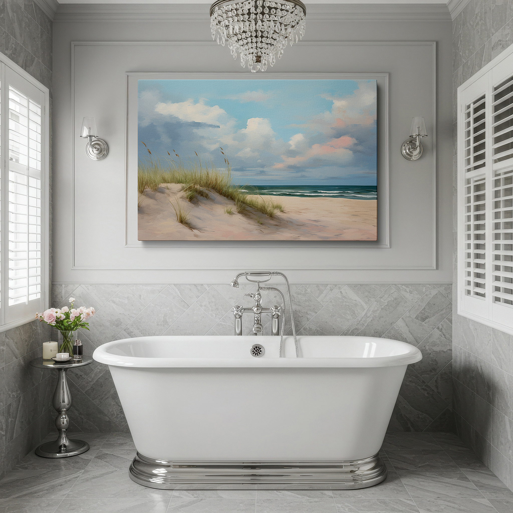 Back view reveals professional finishing and solid wood frame — wall art: peaceful beach scene with gentle dunes and bright sky, serene coastal retreat large wall art, canvas wall art, wall decor for office and bedroom
