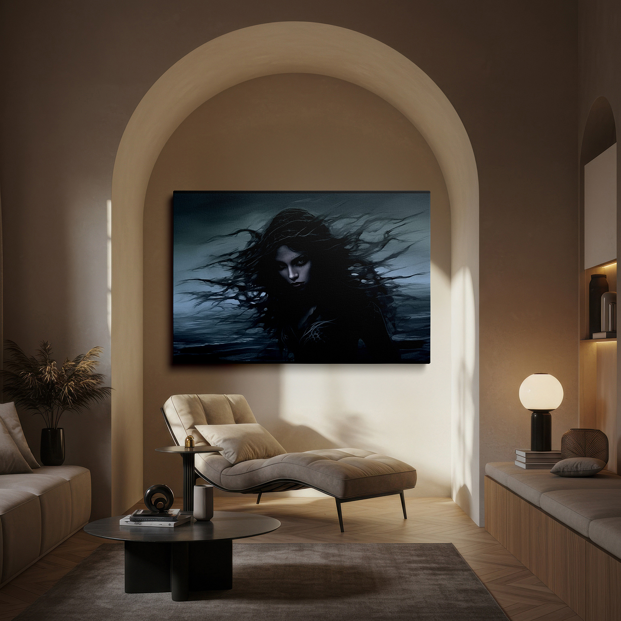 Back view reveals professional finishing and solid wood frame — wall art: "portrait of a woman amidst nature's fury" - emotive dance with the wild sea, large canvas art for home and office decor, perfect for living room and bedroom