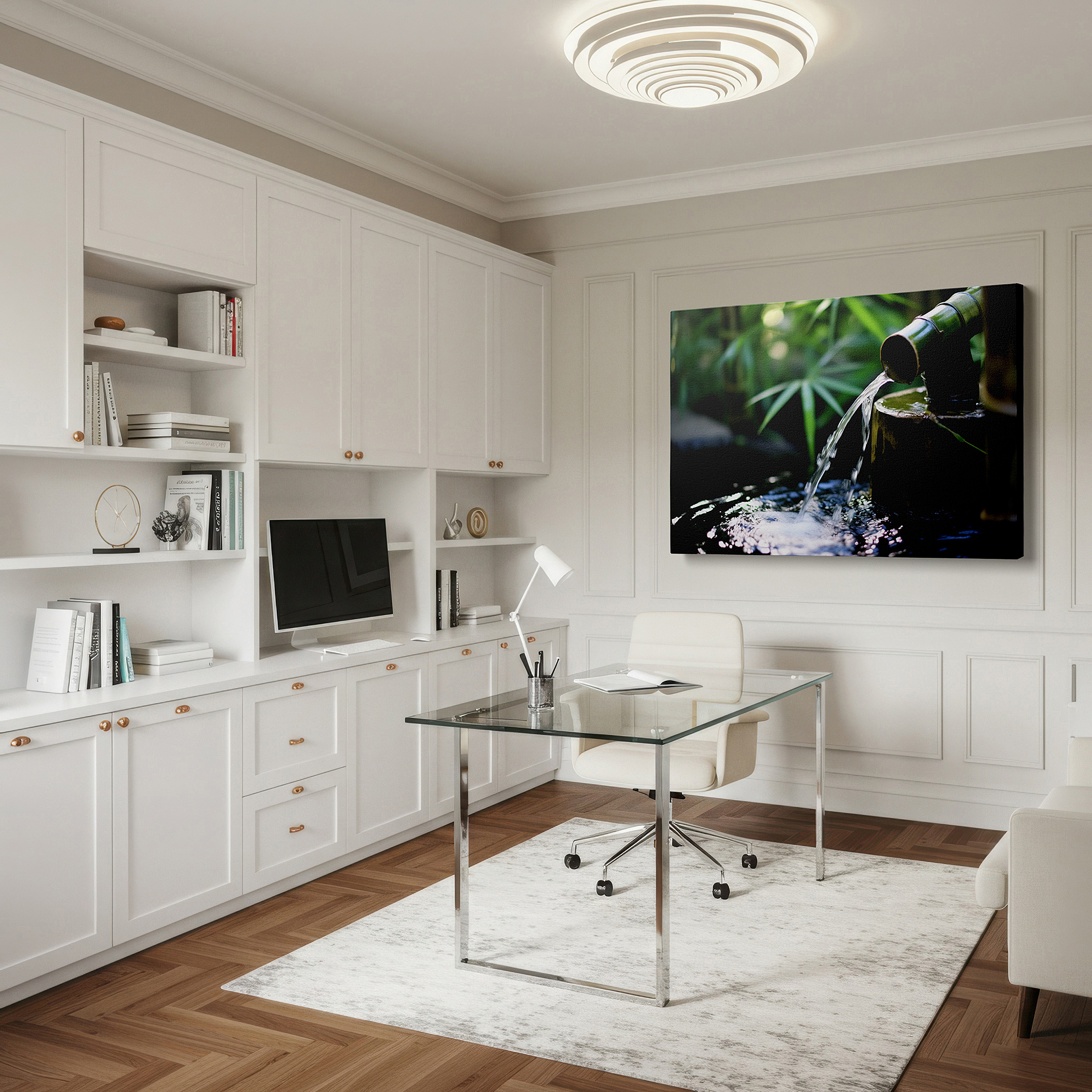 Back view reveals professional finishing and solid wood frame — wall art: serene bamboo water feature surrounded by vibrant greenery, sunlit garden oasis large canvas wall art for office decor