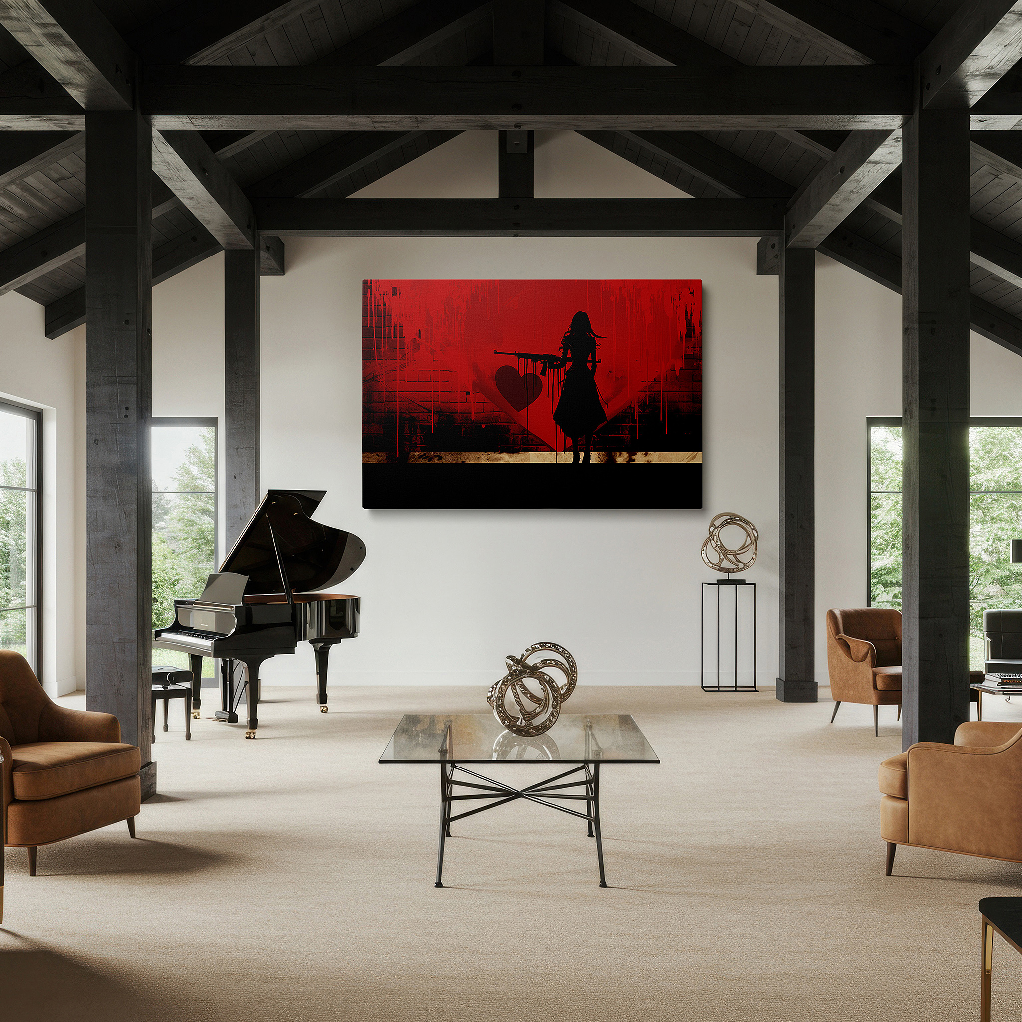 Back view reveals professional finishing and solid wood frame — wall art: silhouette of strength amidst heart-shaped conflict - large canvas wall art for office, bedroom, and living room decor