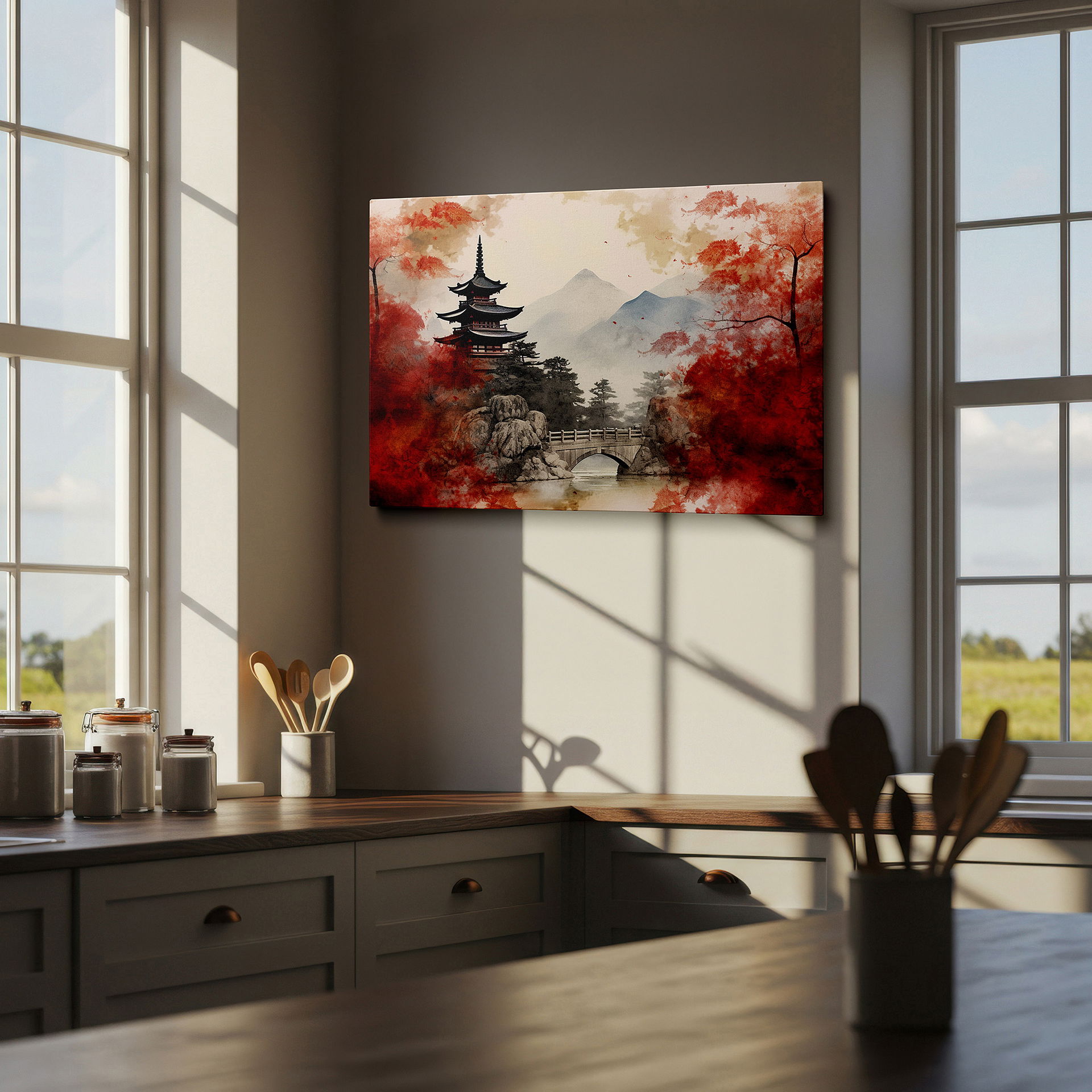 Back view reveals professional finishing and solid wood frame — wall art: tranquil japanese pagoda surrounded by autumn