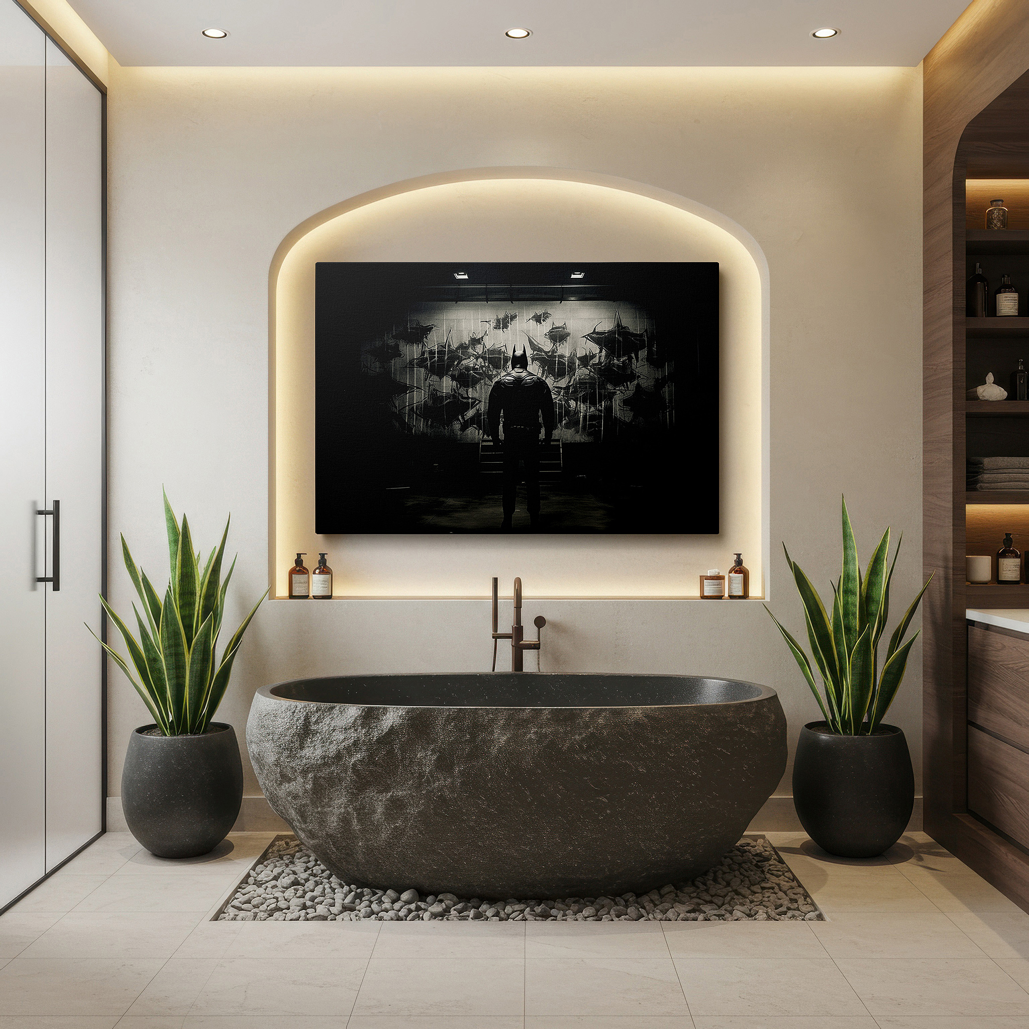 Back view reveals professional finishing and solid wood frame — wall art: the vigilante of justice and mystery - a symbolic representation of righteousness and secrecy. large canvas wall art for office decor.