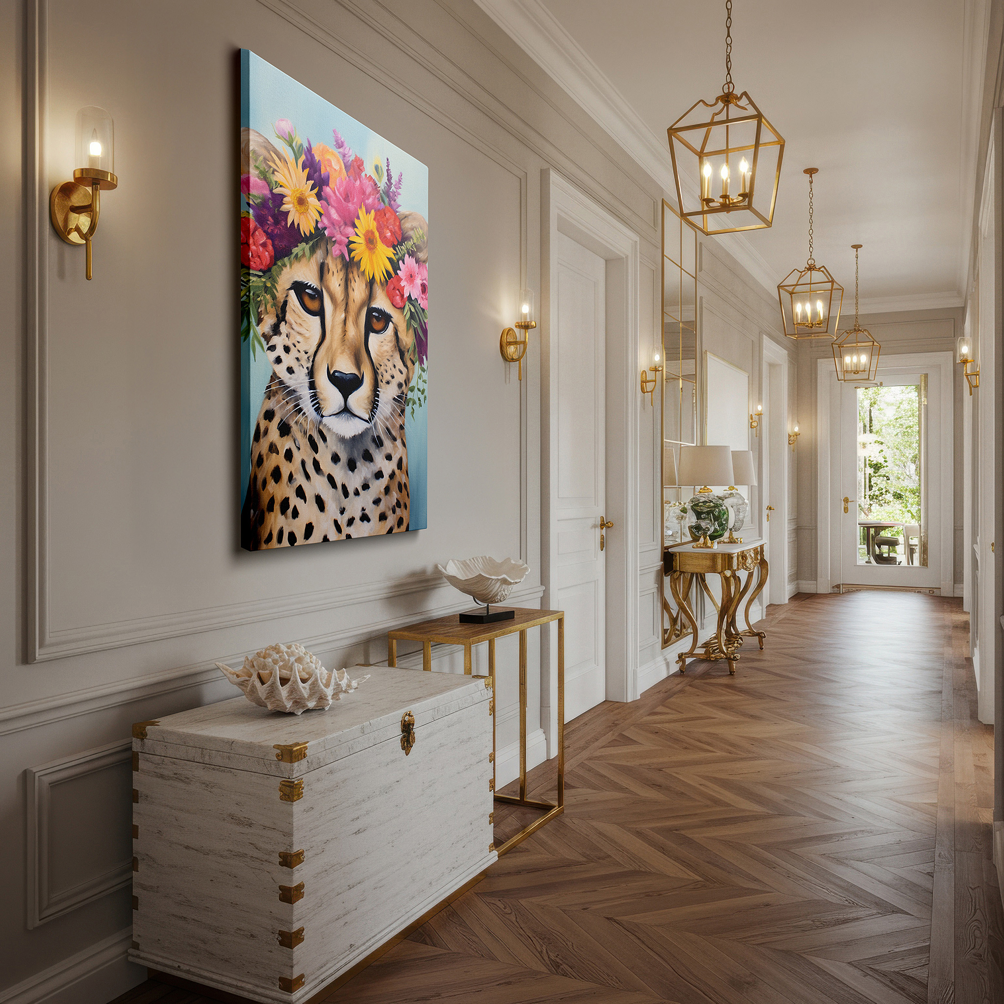 Back view reveals professional finishing and solid wood frame — wall decor: enchanting cheetah adorned with flower crown - a fusion of wilderness elegance and creative playfulness, large canvas wall art for home and office decor