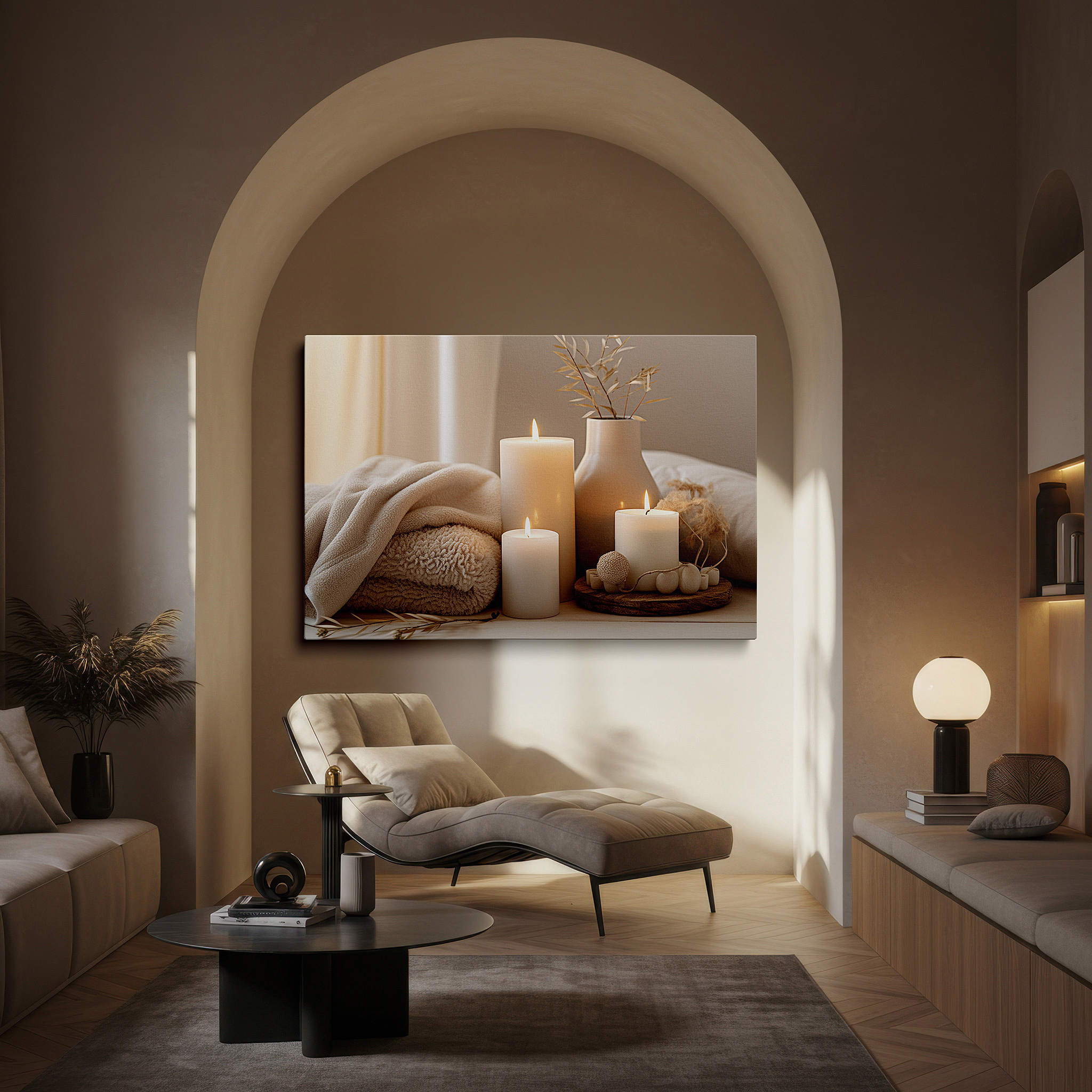 Back view reveals professional finishing and solid wood frame — wall decor: peaceful indoor scene with soft lighting from candles and comfortable fabrics for a calm escape - large canvas art, decorative wall art, office and bedroom wall art