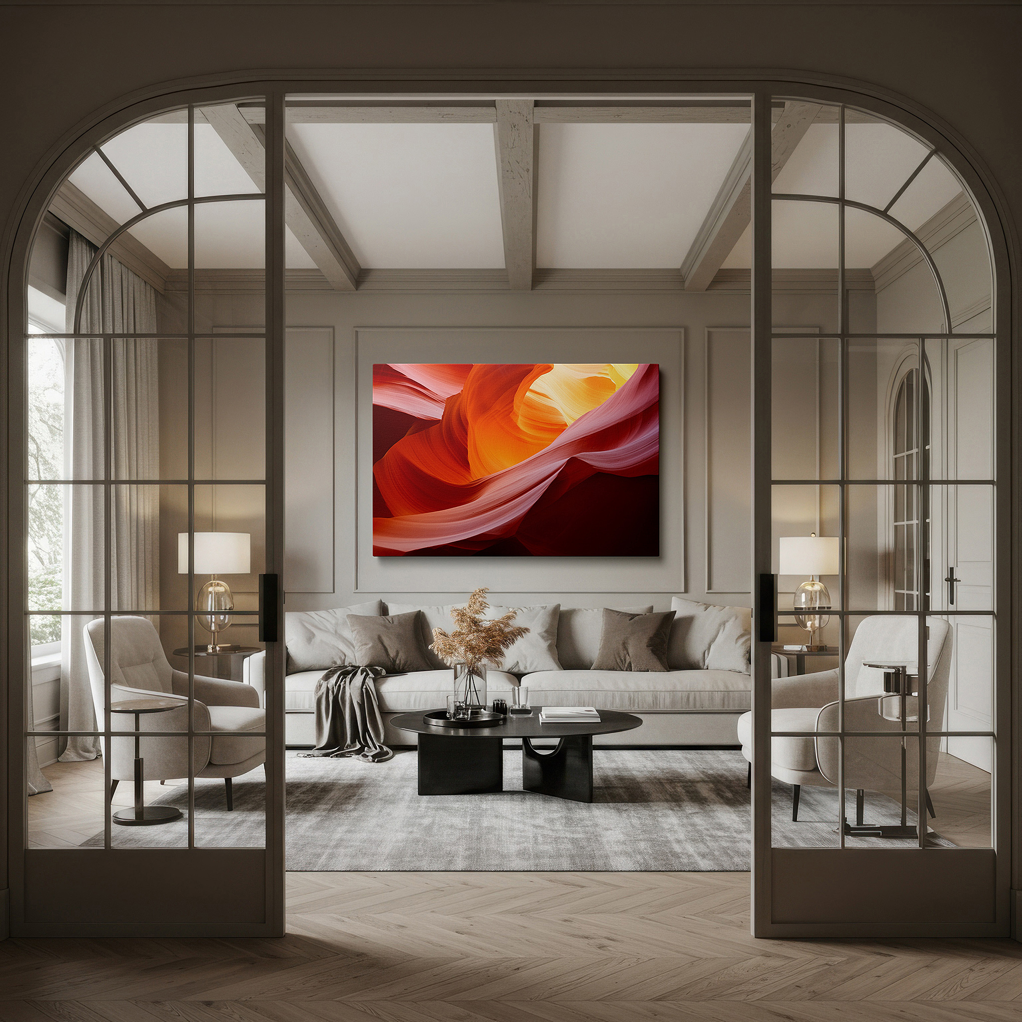 Balanced between two tall indoor plants near a window — abstract canyon essence: a symphony of light and texture - large canvas wall art for office and bedroom decor