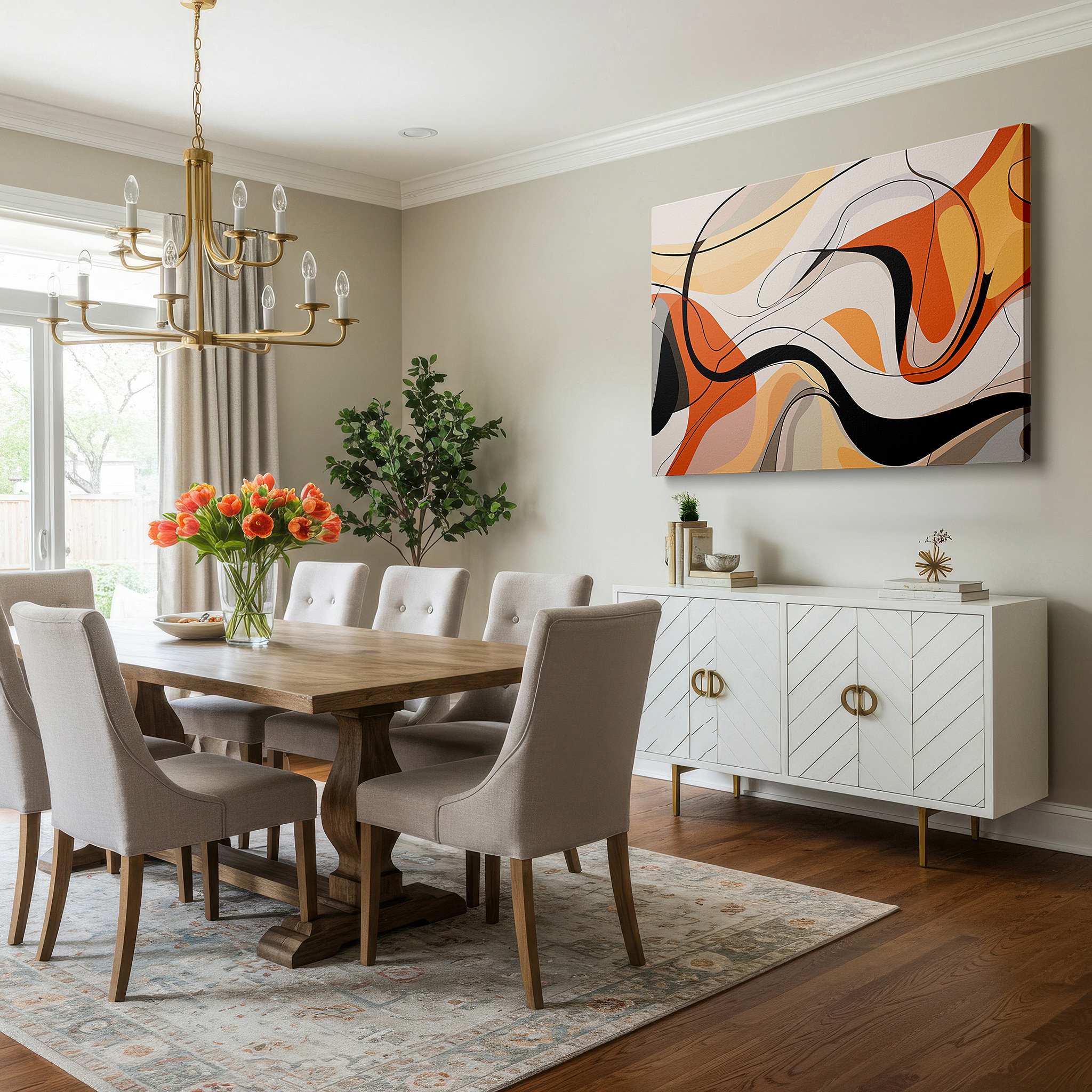 Balanced between two tall indoor plants near a window — abstract expression in earthy tones and curved shapes: a visual symphony of nature and emotion - large canvas wall art for office decor