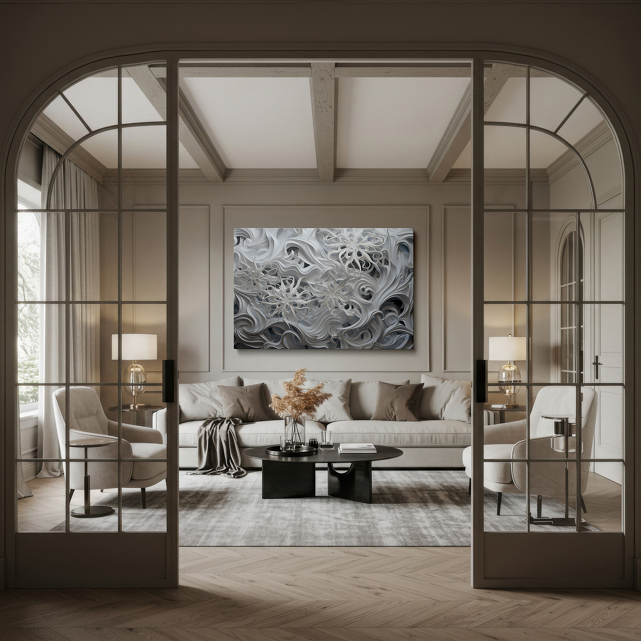 Balanced between two tall indoor plants near a window — abstract floral elegance and creativity dance large wall art, canvas wall art, wall decor for office, bedroom, and living room
