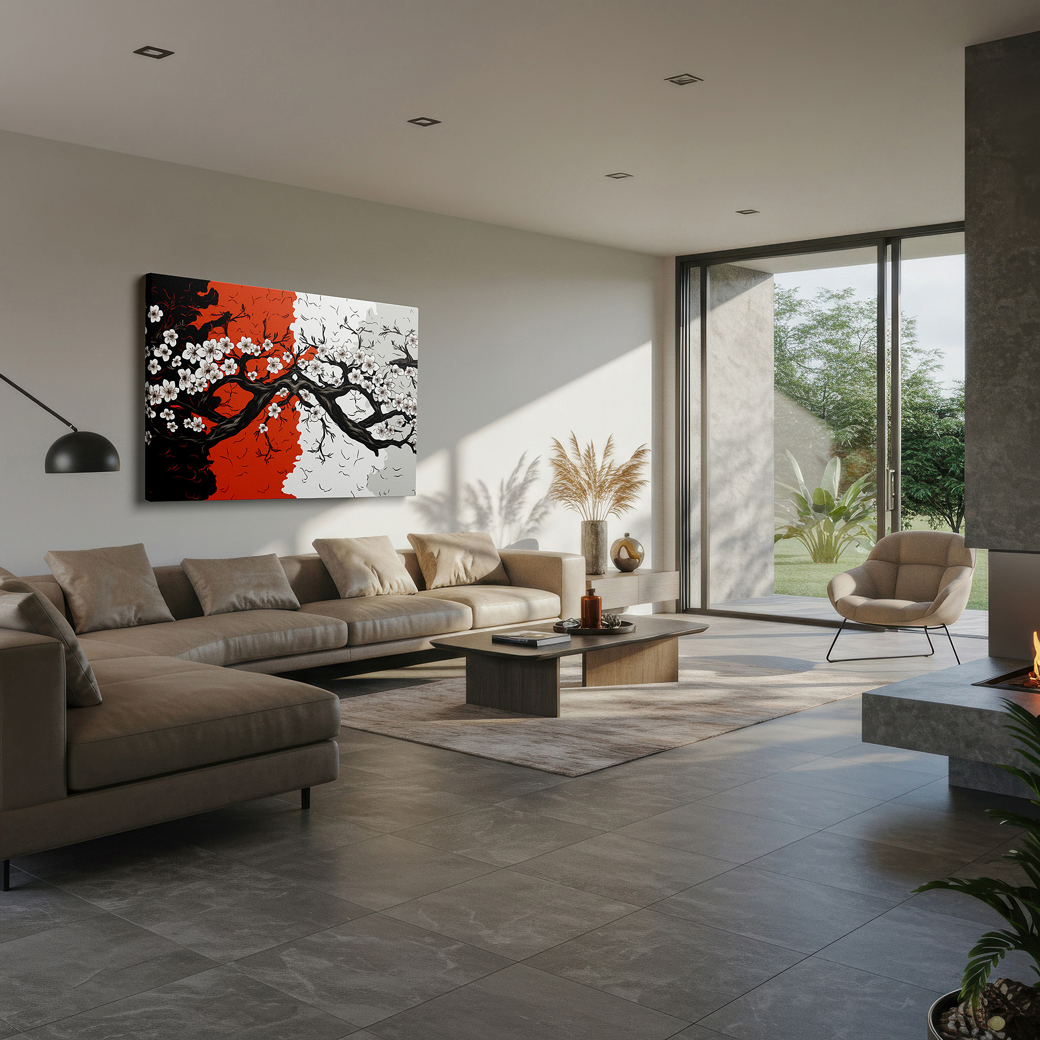 Balanced between two tall indoor plants near a window — black, red, and white symphony: large wall art canvas featuring floral designs that evoke strength, serenity, and harmonious duality
