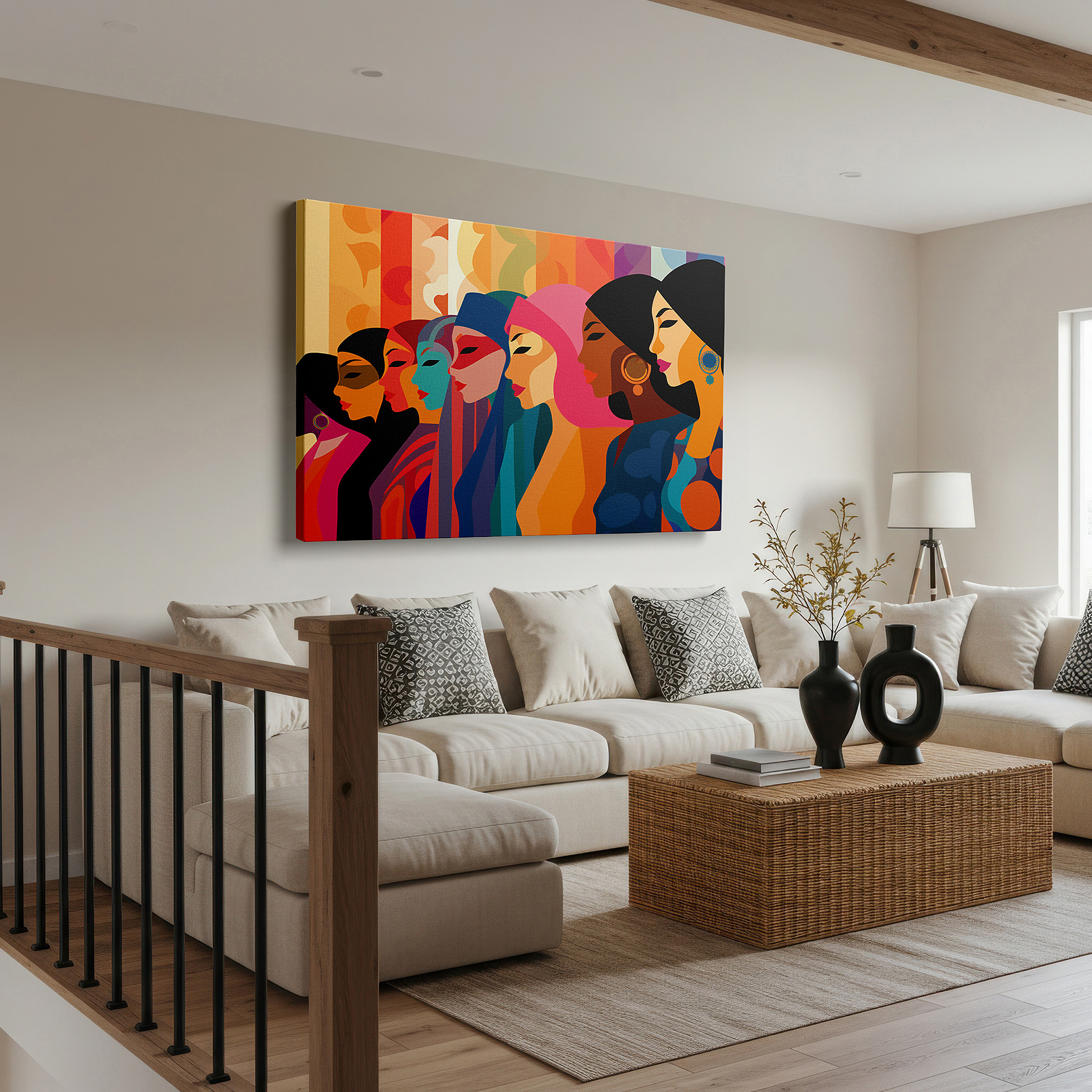 Balanced between two tall indoor plants near a window — celebrating diversity with stylized women's portraits in a colorful tapestry of cultures - large wall art, canvas wall art