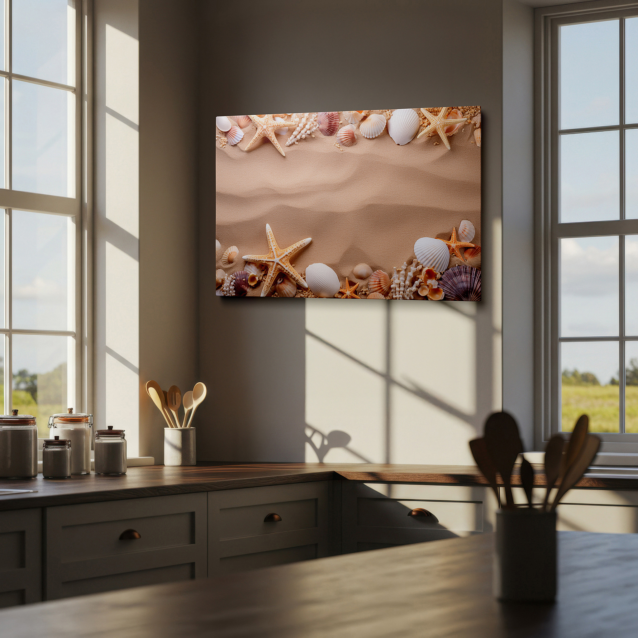 Balanced between two tall indoor plants near a window — coastal-inspired wall art featuring seashells and starfish on a sandy background - perfect for living rooms, bedrooms, and offices