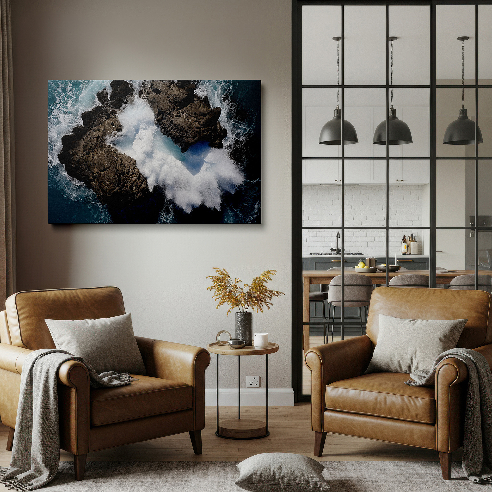 Balanced between two tall indoor plants near a window — coastal majesty: dramatic encounter of jagged cliffs and untamed sea waves - large wall art, canvas wall art, wall decor for office and bedroom