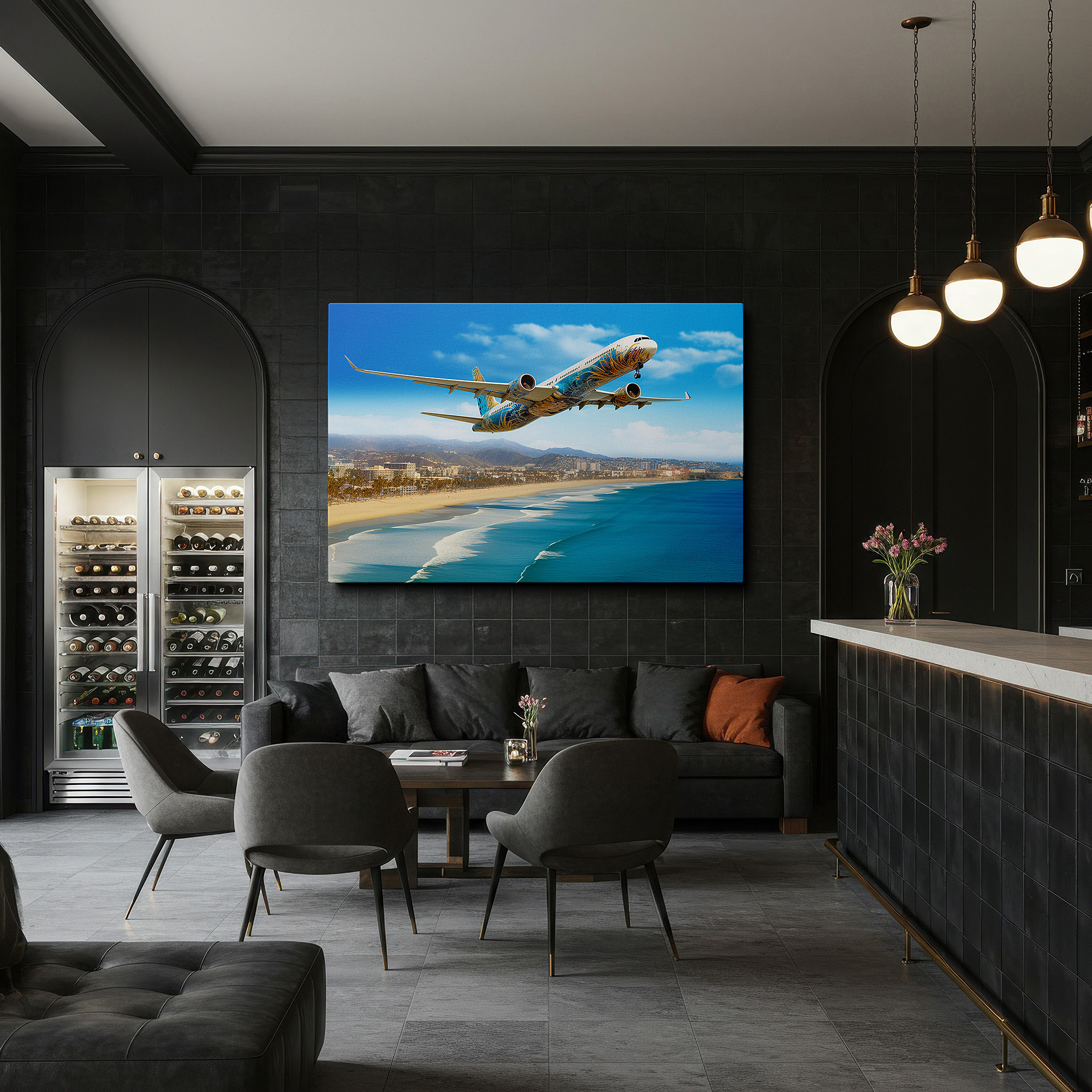 Balanced between two tall indoor plants near a window — coastal vista with soaring airplane canvas: inspiring adventure and serenity for office and bedroom wall decor