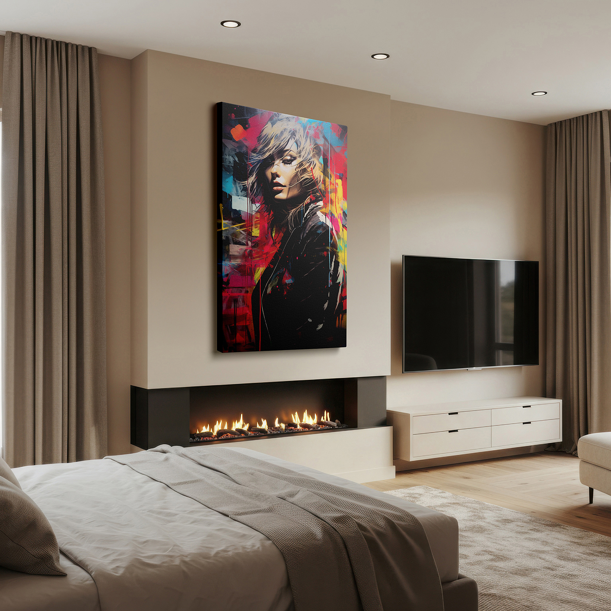 Balanced between two tall indoor plants near a window — contemporary female in city turmoil, vibrant and emotional large wall art, canvas wall art, wall decor for office and bedroom