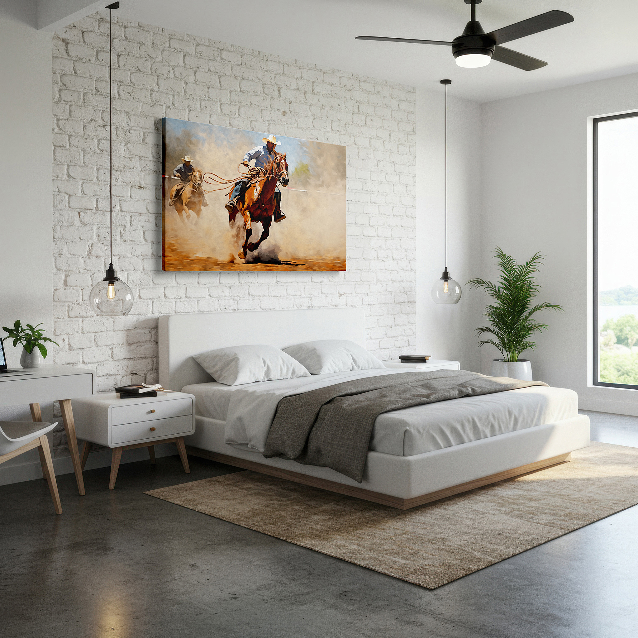 Balanced between two tall indoor plants near a window — cowboy's wild ride rodeo thrills large wall art, canvas wall decor for office and bedroom, featuring dust and cheers