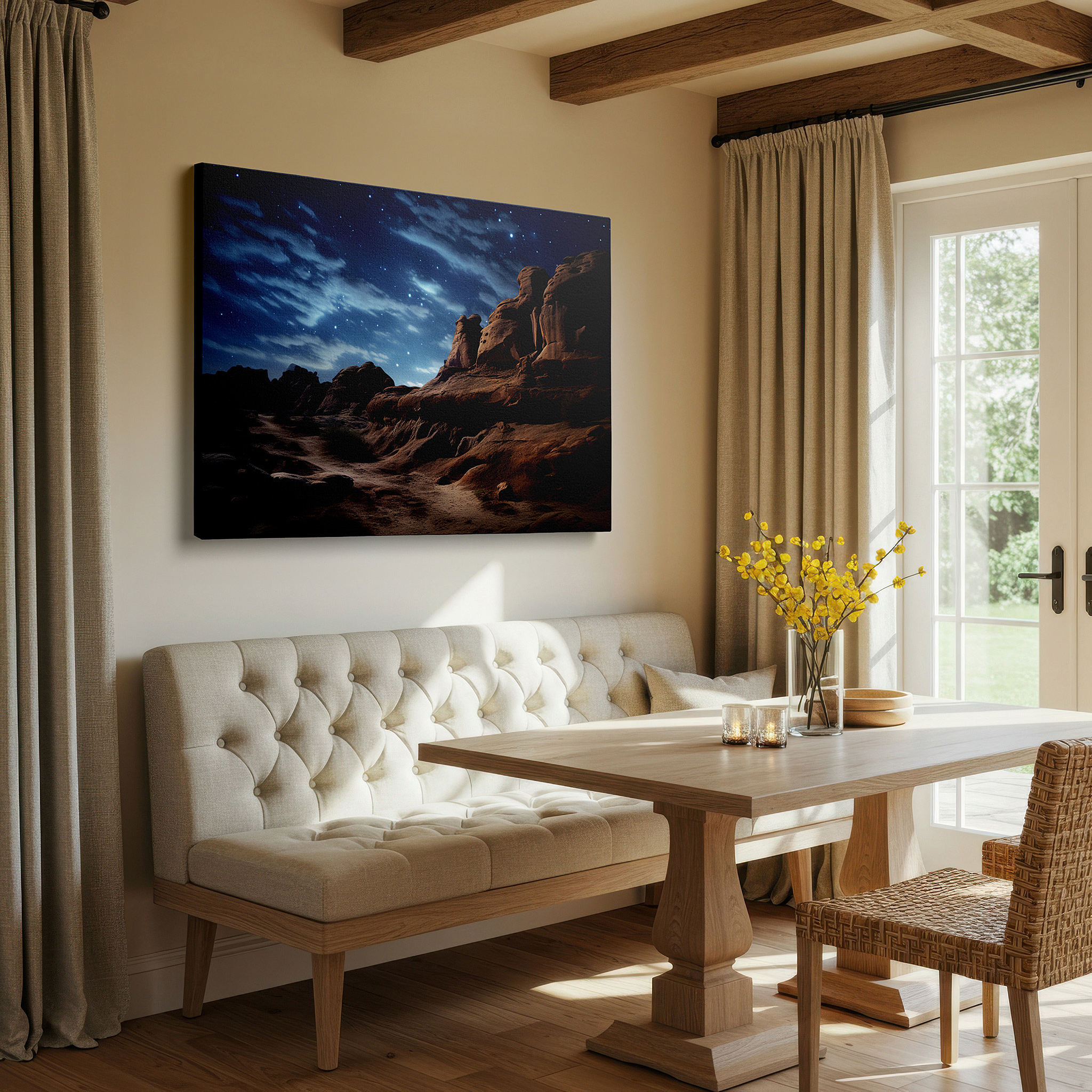 Balanced between two tall indoor plants near a window — desert grandeur beneath starry skies - moonlit celestial display large wall art, canvas wall art, wall decor for office and bedroom