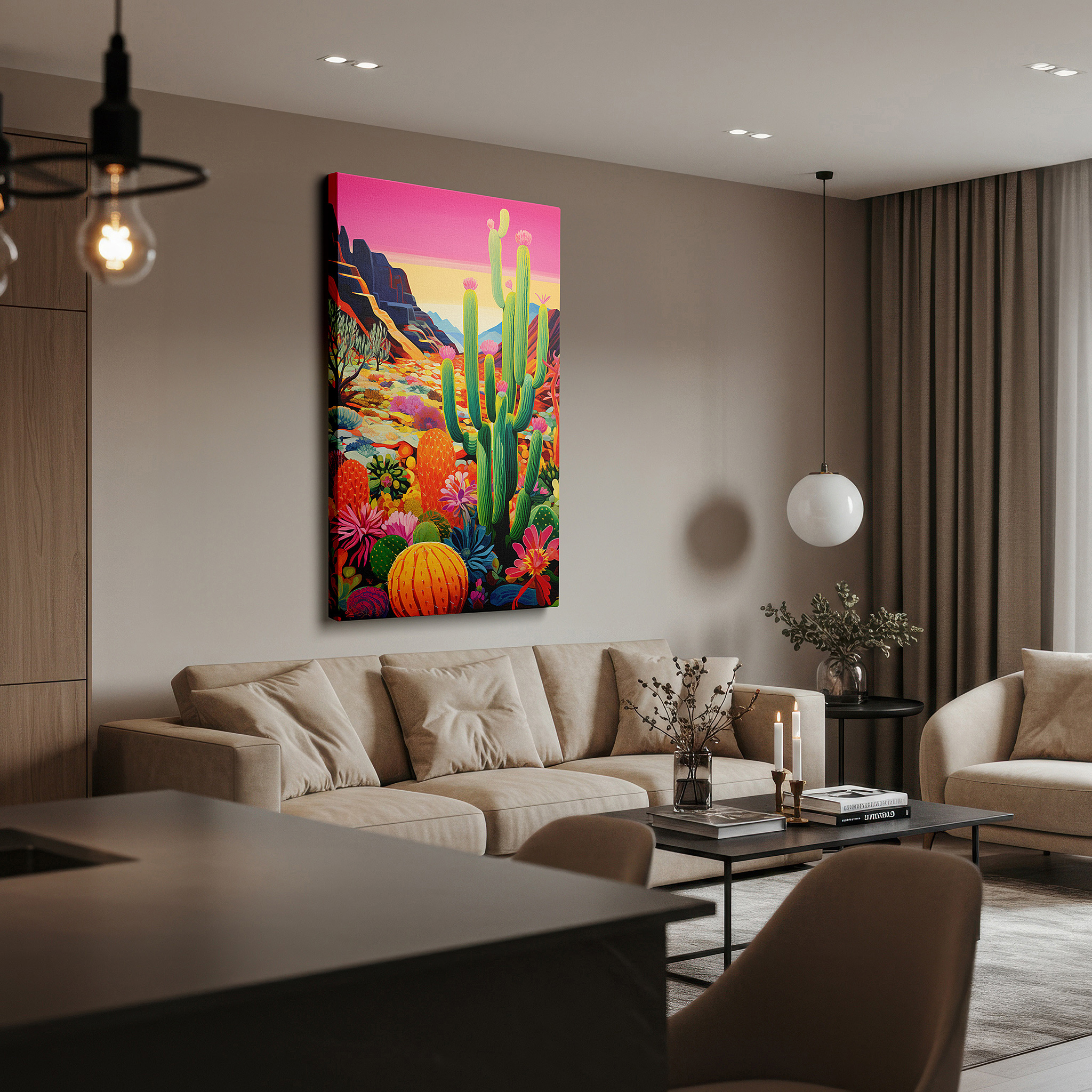 Balanced between two tall indoor plants near a window — desert majesty: tranquil and vibrant nature scene with cacti and mountain vistas - large canvas wall art for office decor