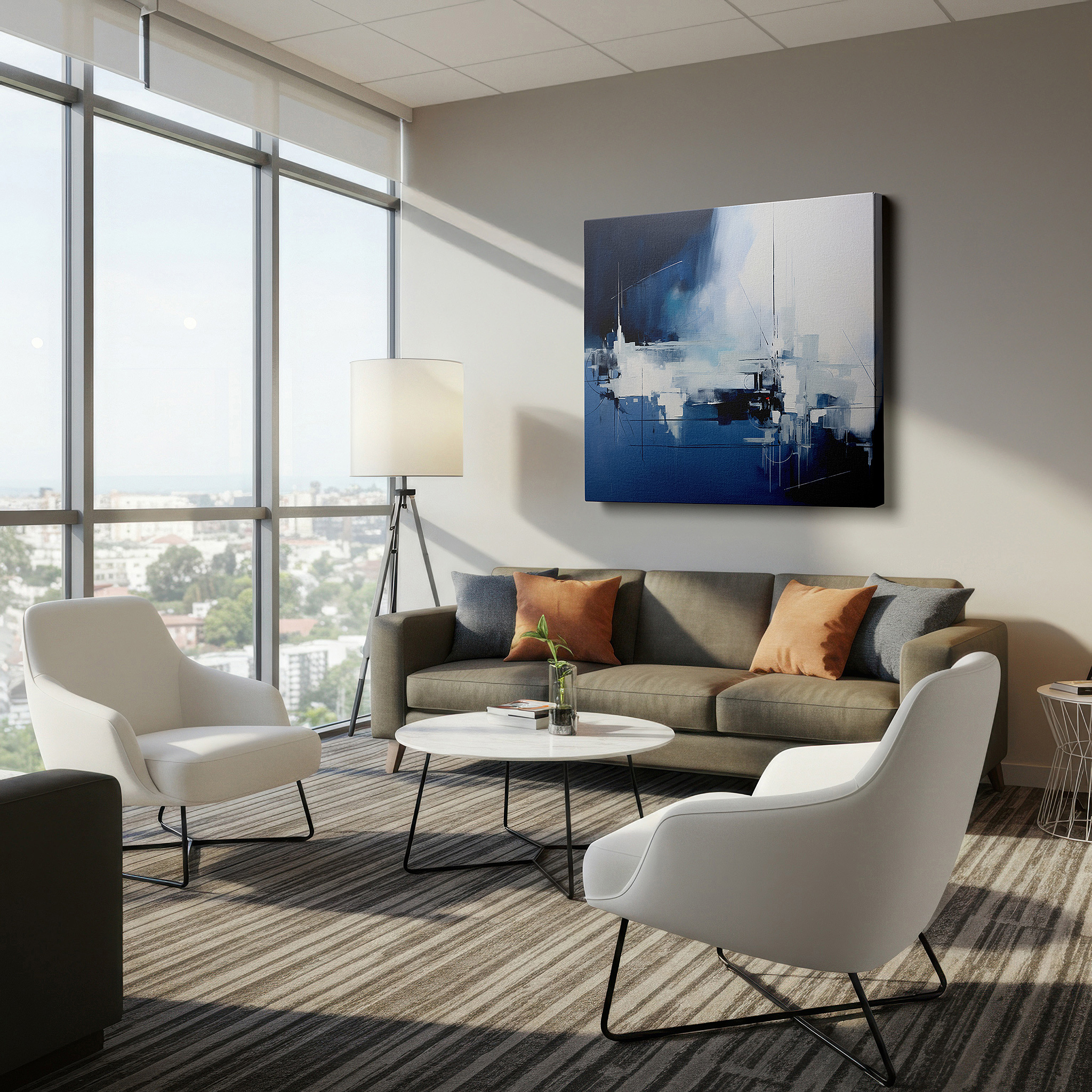 Balanced between two tall indoor plants near a window — dynamic abstract dance of blue and white: a visual and intellectual feast - large canvas wall art for office and bedroom decor