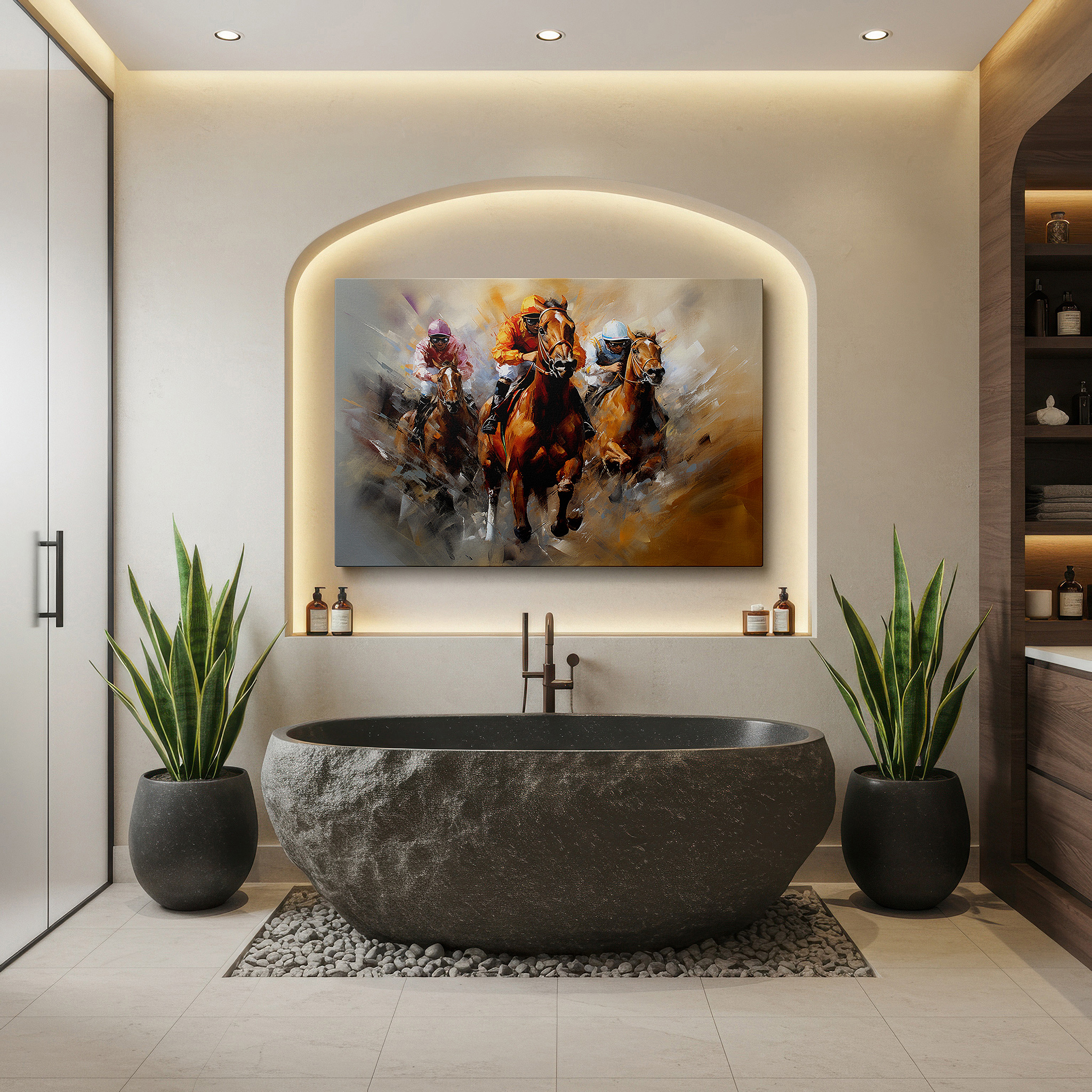 Balanced between two tall indoor plants near a window — dynamic horse racing canvas: showcasing competition and energy, ideal for office, living room, or bedroom decor