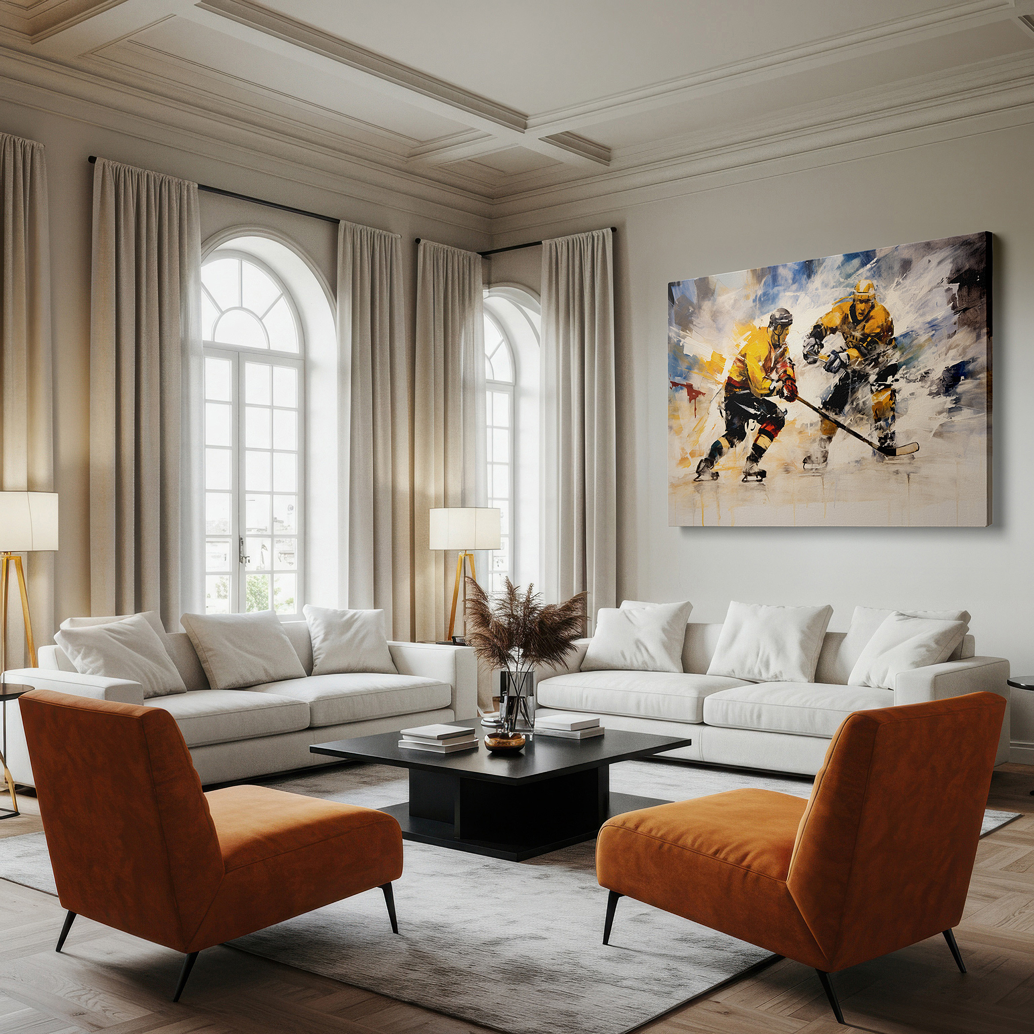 Balanced between two tall indoor plants near a window — dynamic ice hockey showdown - large wall art featuring speed and strategy, canvas wall art, wall decor for office and bedroom