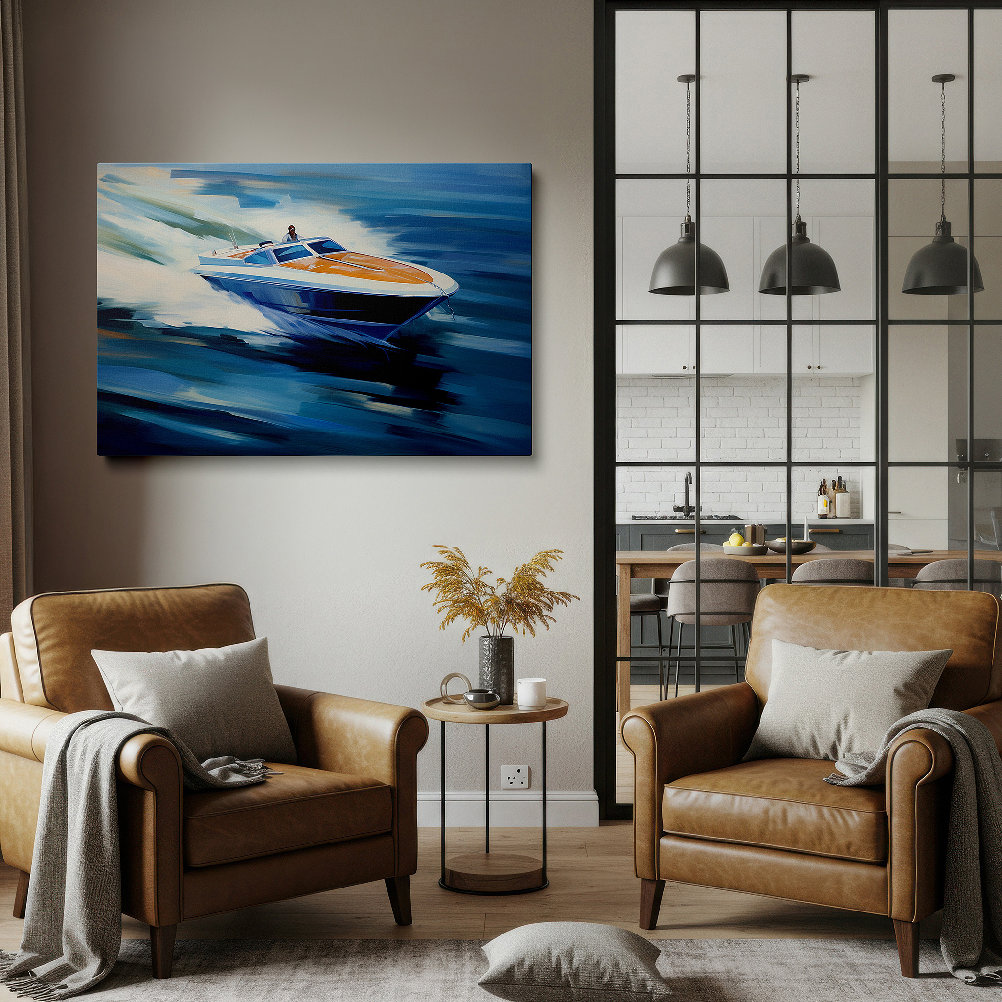Balanced between two tall indoor plants near a window — dynamic speed boat adventure on azure waves - nautical thrills and elegance wall art, large canvas decor for office